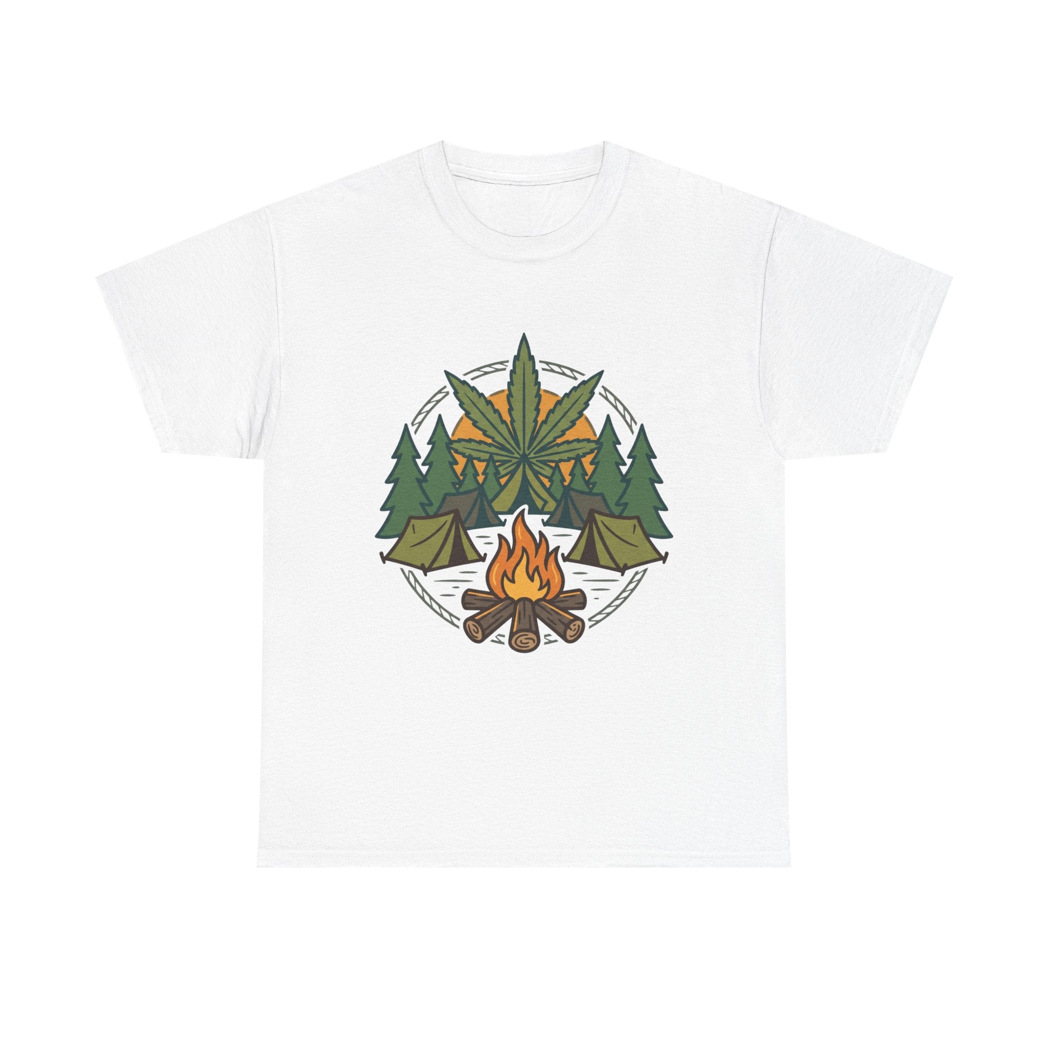 Camping Cannabis T‑Shirt – Outdoorsy Weed Leaf Campfire Graphic Tee