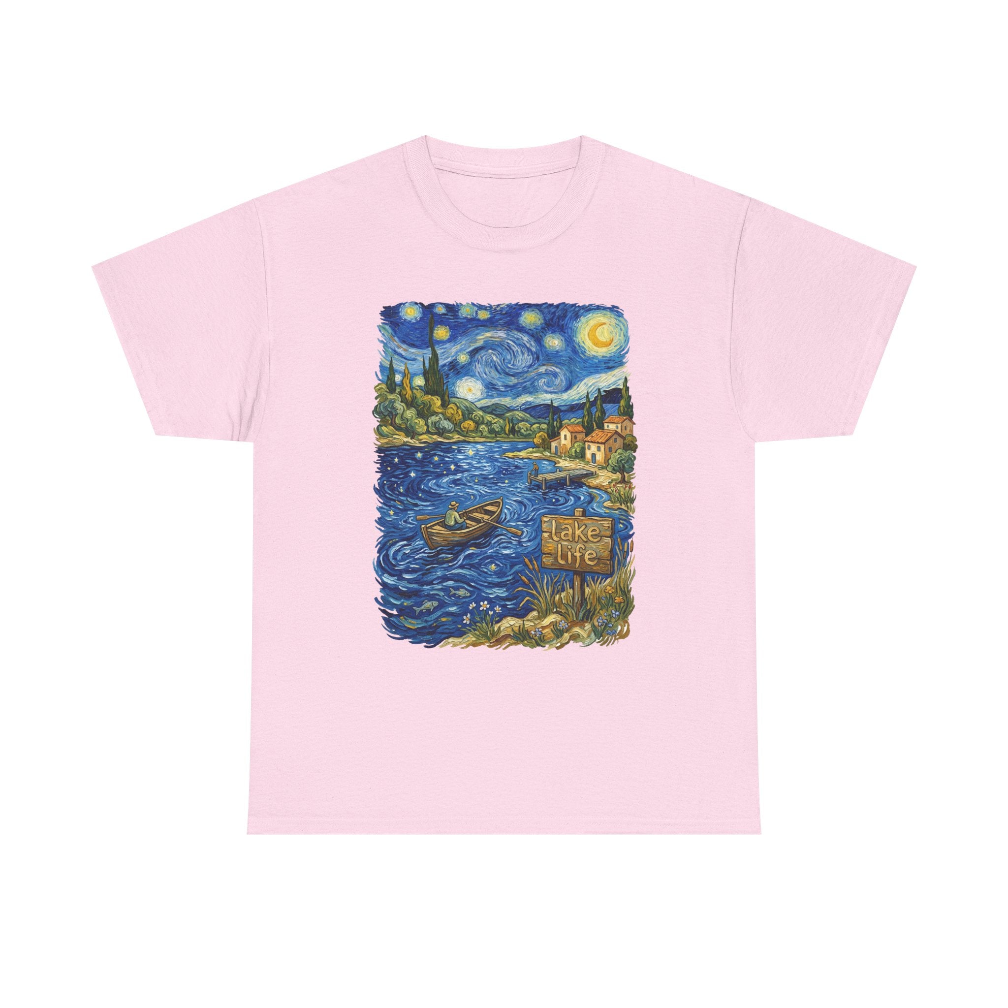 T-Shirt — Van Gogh Night Lake Art Tee (Boat on Starry Night)