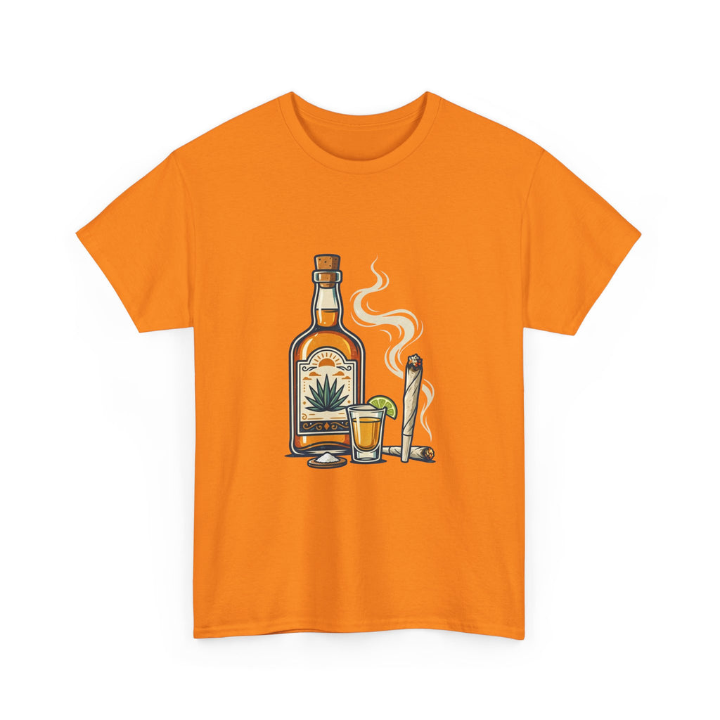 Tequila & Joint T-Shirt — Mexican Agave Bottle with Shot Glass and Joint Graphic