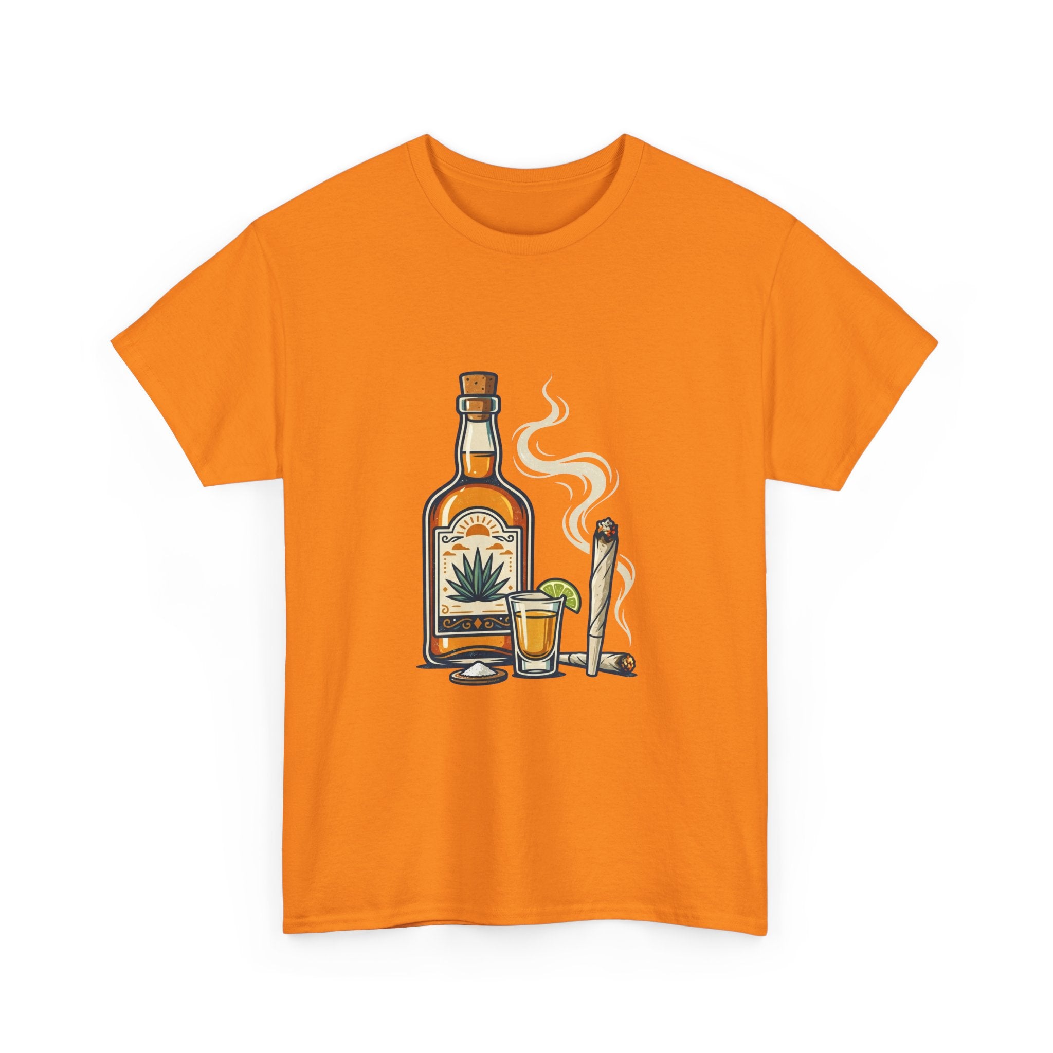 Tequila & Joint T-Shirt — Mexican Agave Bottle with Shot Glass and Joint Graphic