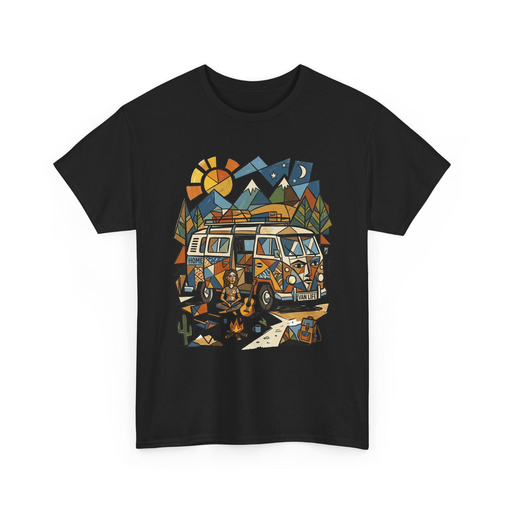 Adventure Van Camping T-Shirt — Retro Camper Van, Mountains & Campfire Graphic Tee