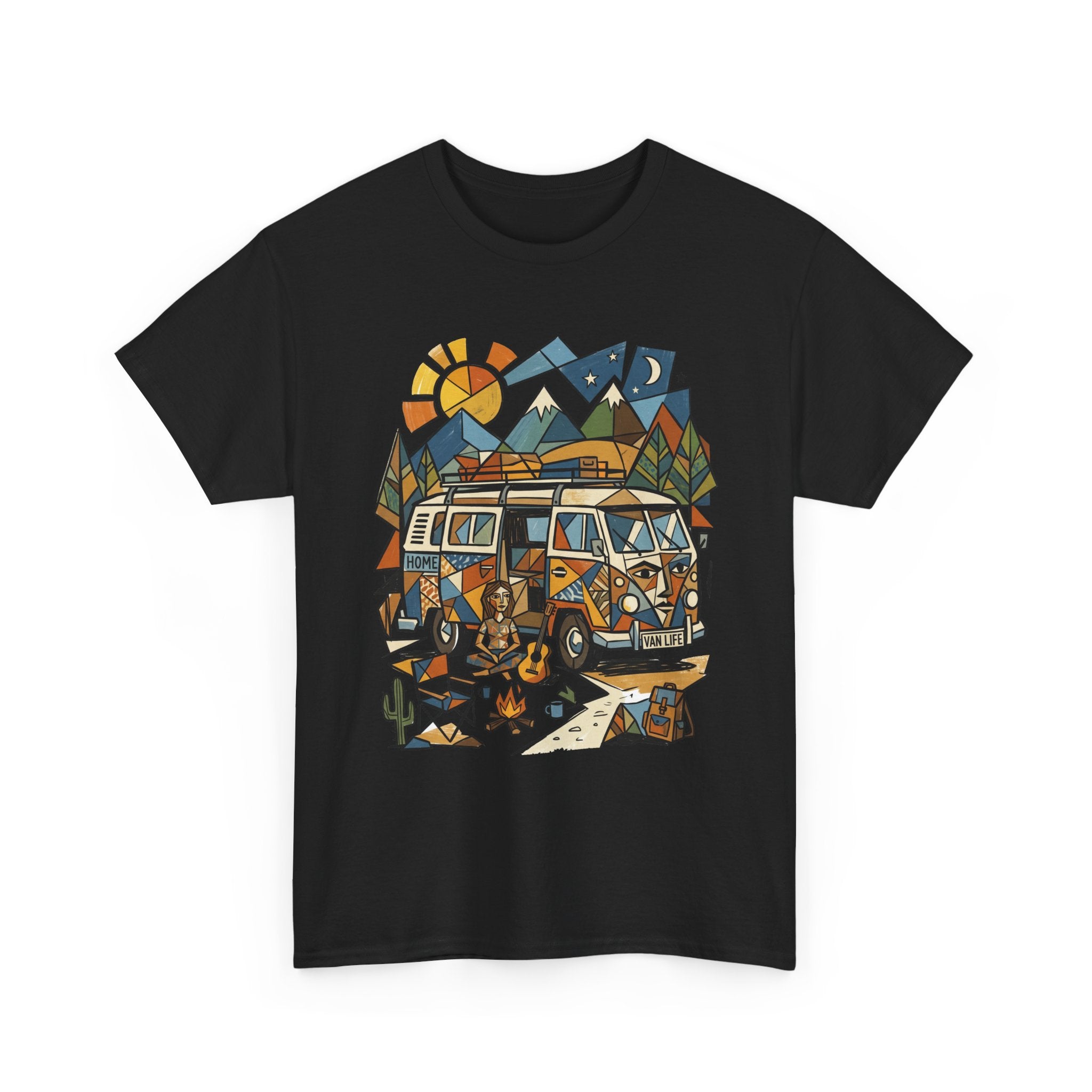 Adventure Van Camping T-Shirt — Retro Camper Van, Mountains & Campfire Graphic Tee