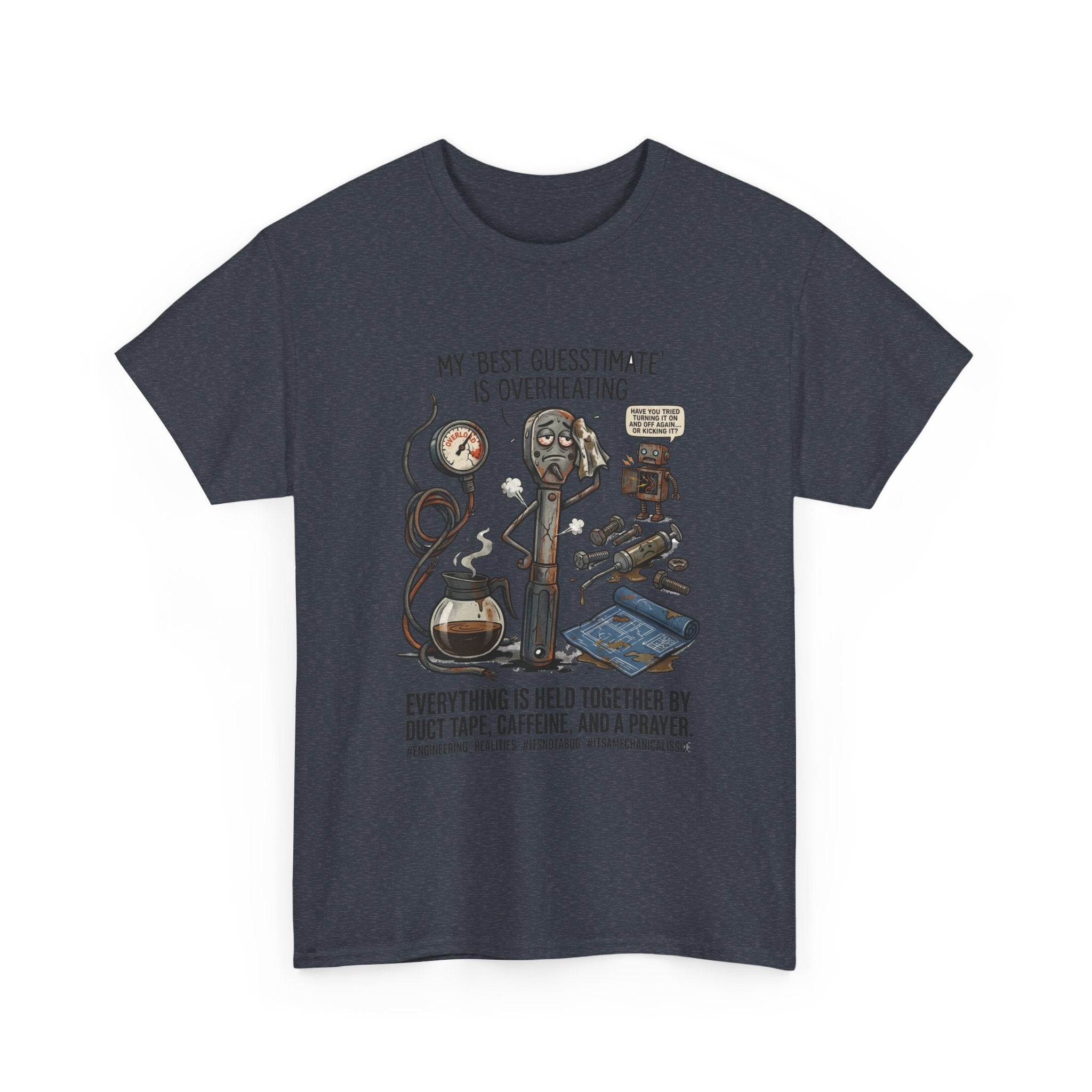 Mechanic Humor T-Shirt - "My Best Guessmate Is Overheating" Vintage Tools, Duct Tape & Caffeine Tee