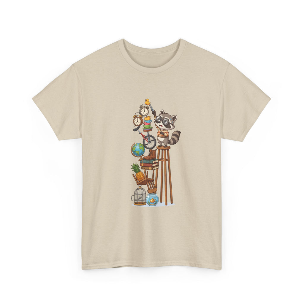 Raccoon & Curiosity Shelf T‑Shirt — Cute Scientist Animal Stack Graphic Tee