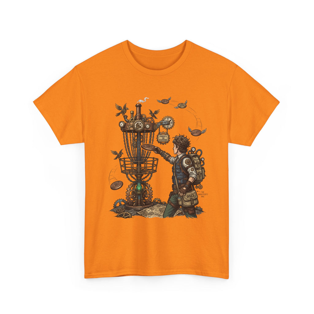Disc Golf Adventure T‑Shirt — Steampunk Player & Birdie Basket Graphic Tee