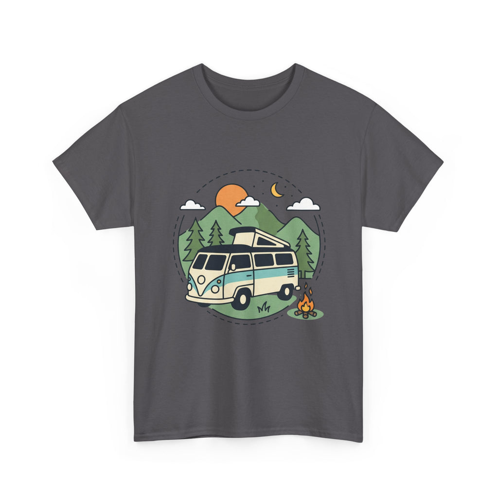 Camper Van Camping T‑Shirt — Retro Van, Mountains & Campfire Tee