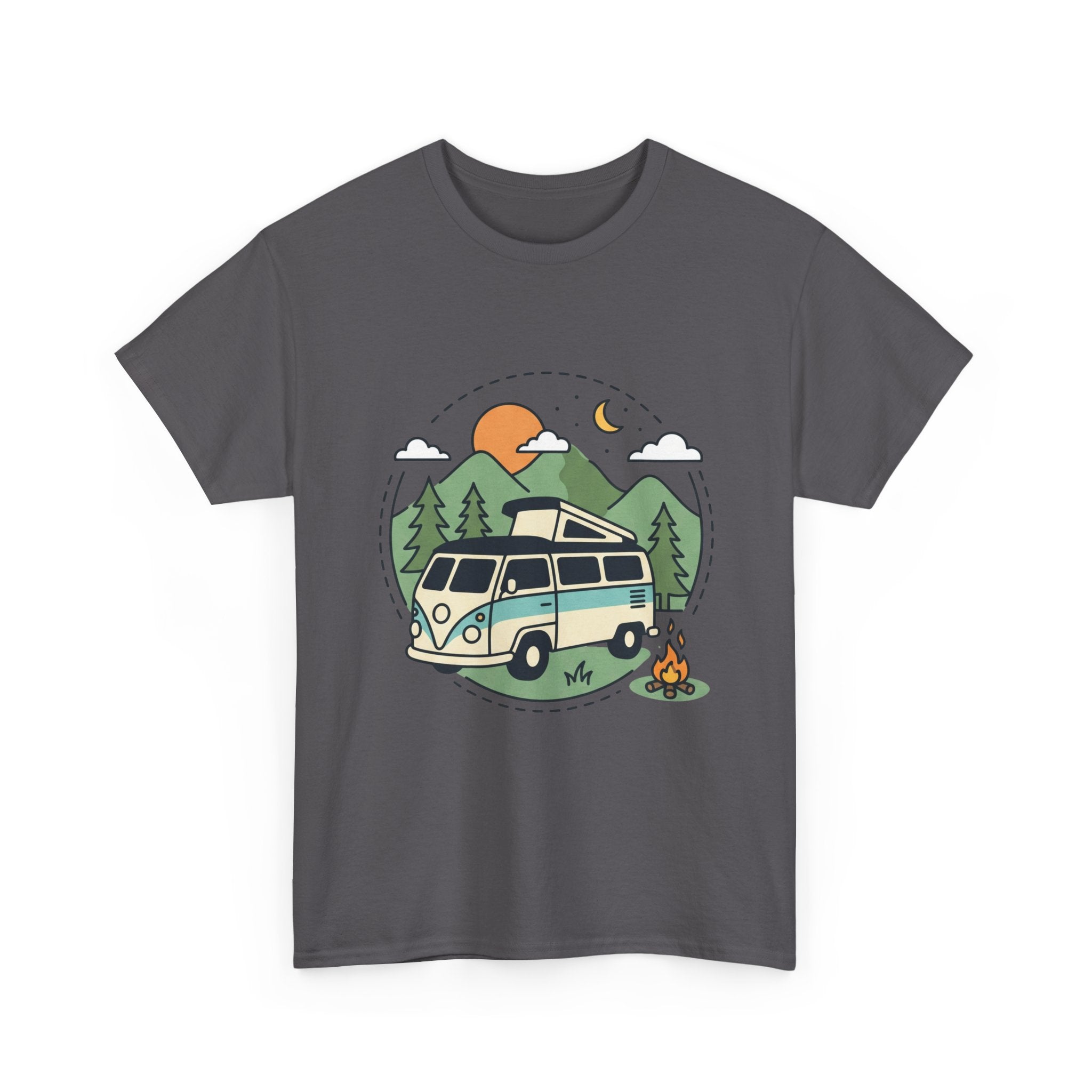 Camper Van Camping T‑Shirt — Retro Van, Mountains & Campfire Tee