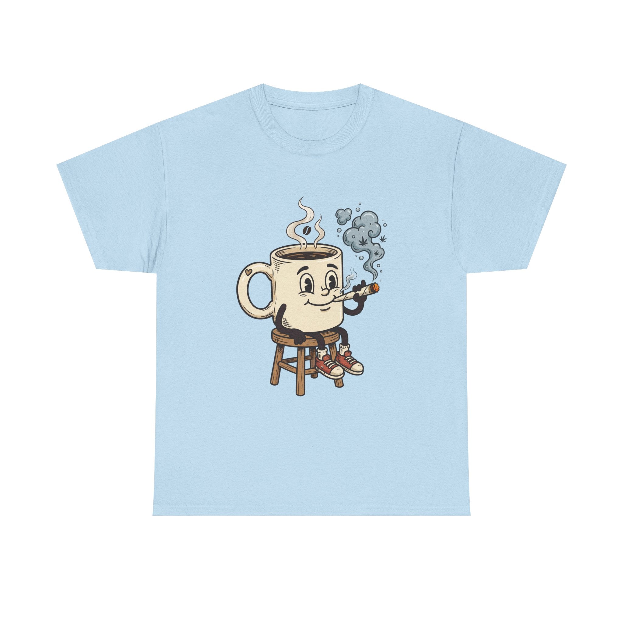 Coffee and a joint Character Tee — Retro Smiling Cup Smoking weed Graphic T-Shirt