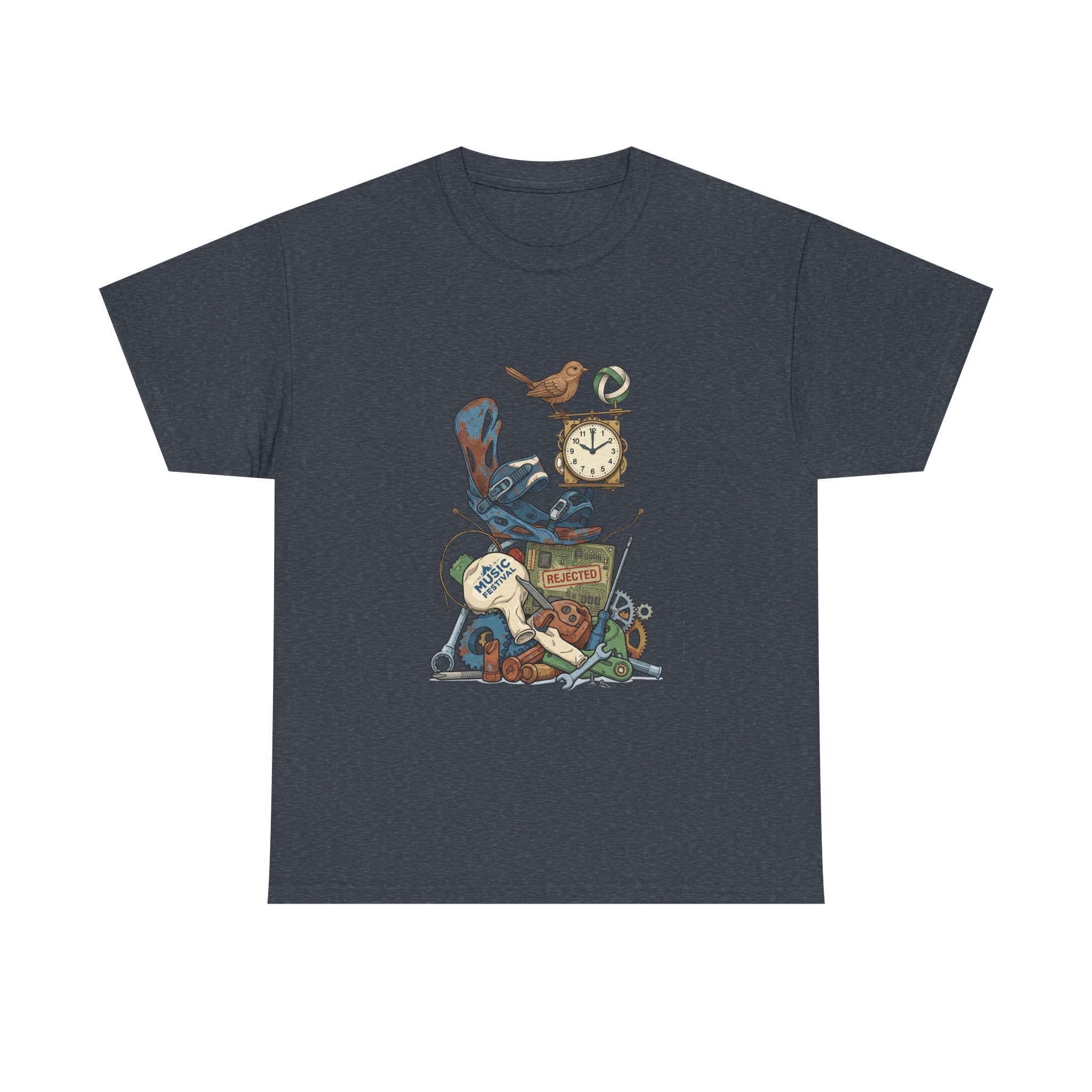 Vintage Hobbies Stack T-Shirt — Retro Clock, Guitar & Tools Illustration