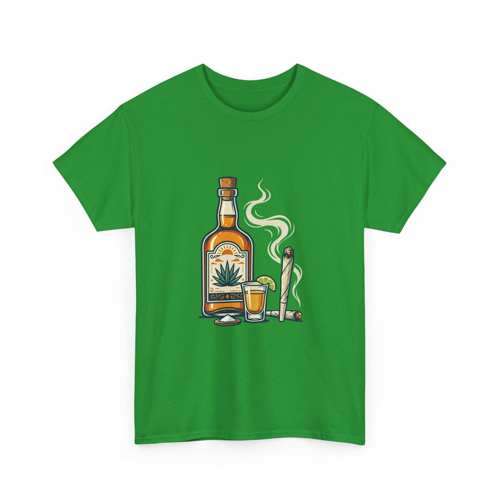 Tequila & Joint T-Shirt — Mexican Agave Bottle with Shot Glass and Joint Graphic