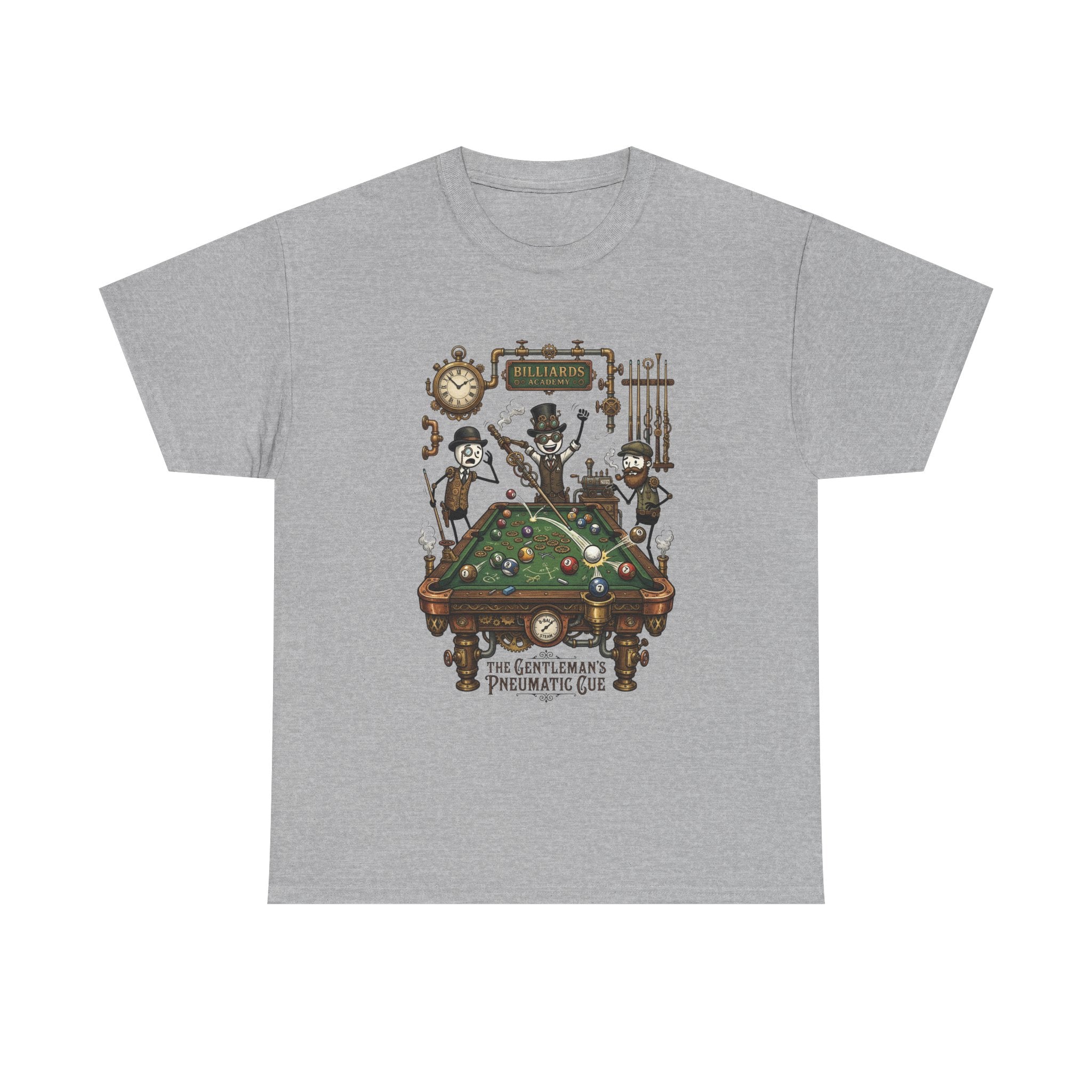 Steampunk Billiards Tee – 'The Gentleman's Pneumatic Cue' Pool Table Graphic Shirt