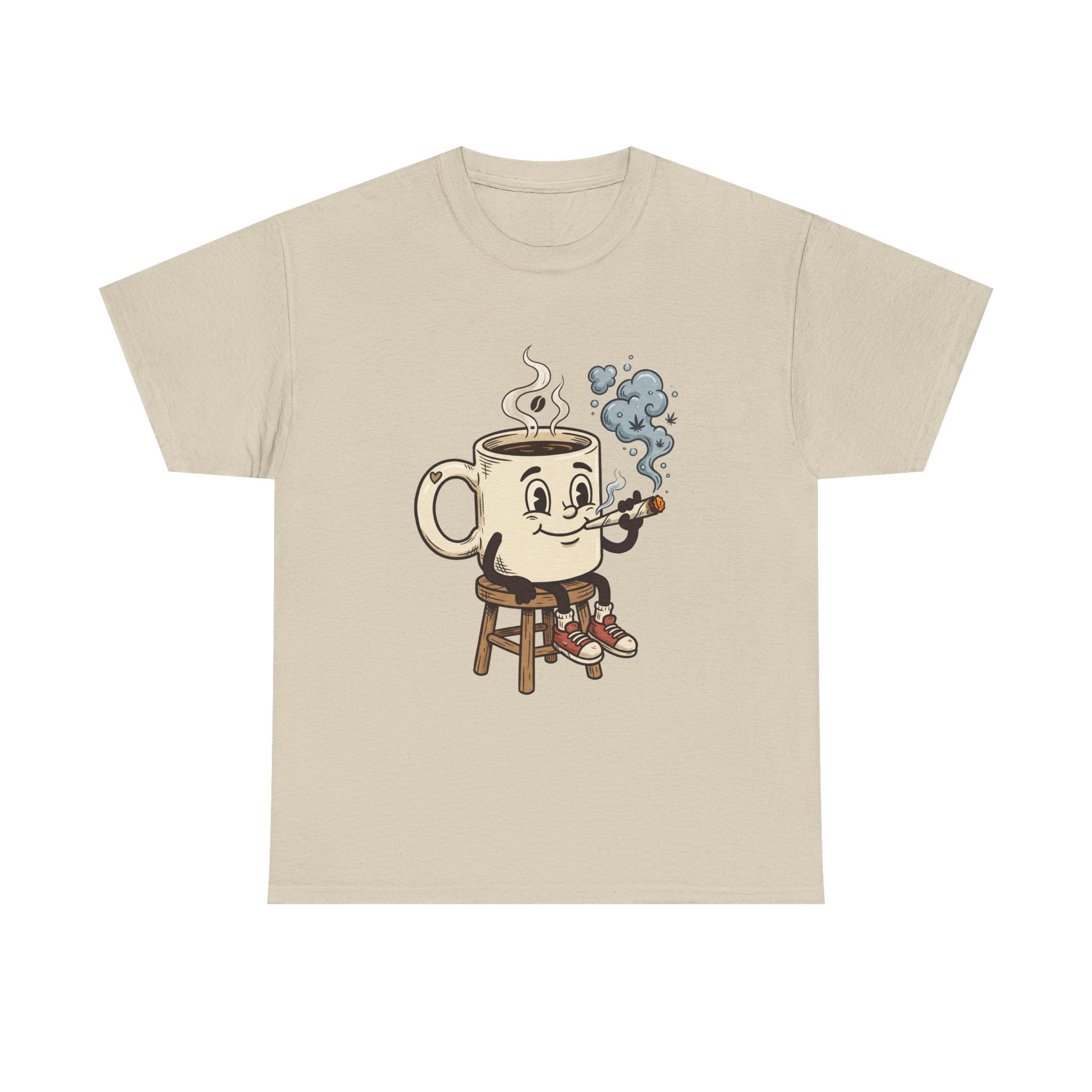 Coffee and a joint Character Tee — Retro Smiling Cup Smoking weed Graphic T-Shirt