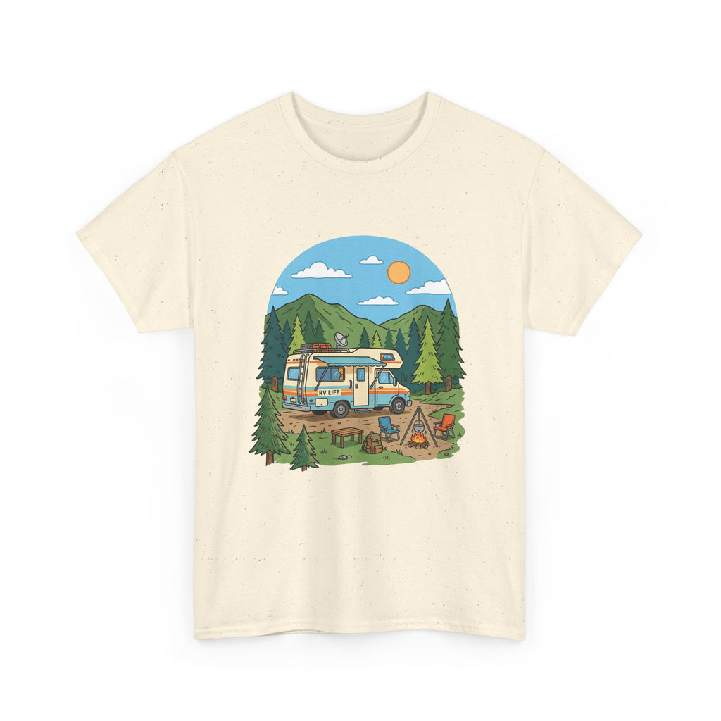 Camping Van Graphic Tee — Retro Camper Van & Campfire Outdoor Shirt