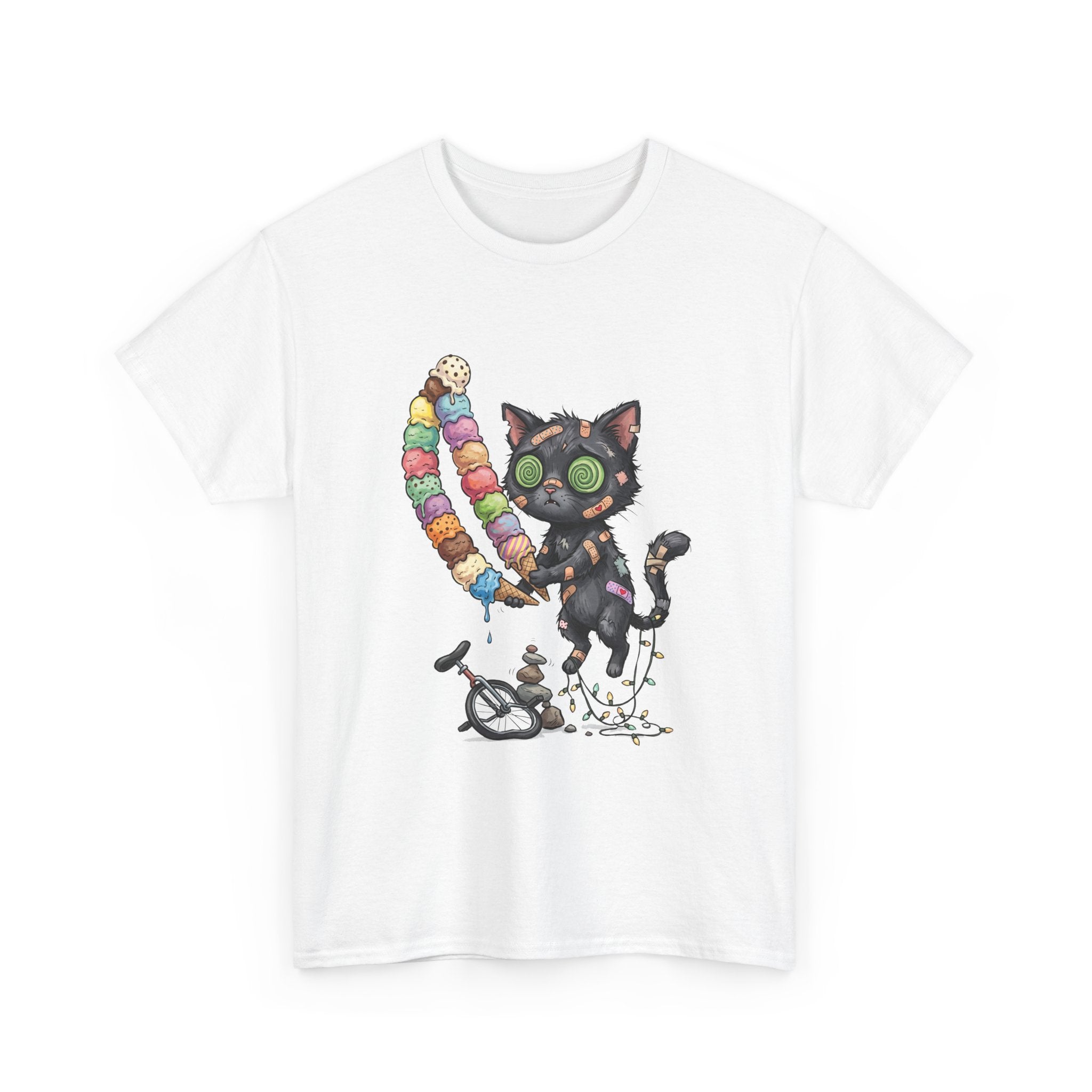 Cat with Ice Cream Graphic Tee — Cute Retro Kawaii Black Cat Holding Rainbow Ice Cream