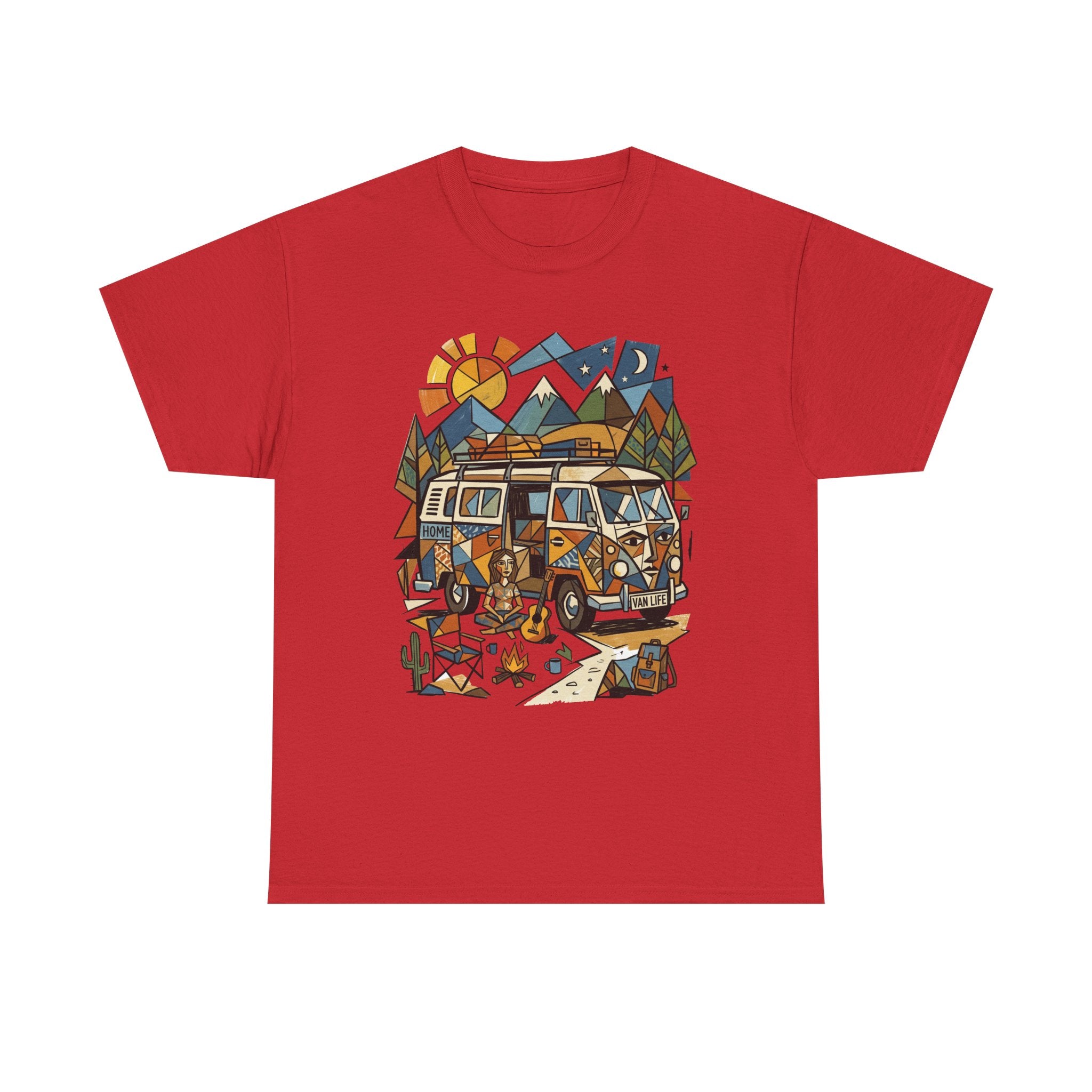 Adventure Van Camping T-Shirt — Retro Camper Van, Mountains & Campfire Graphic Tee