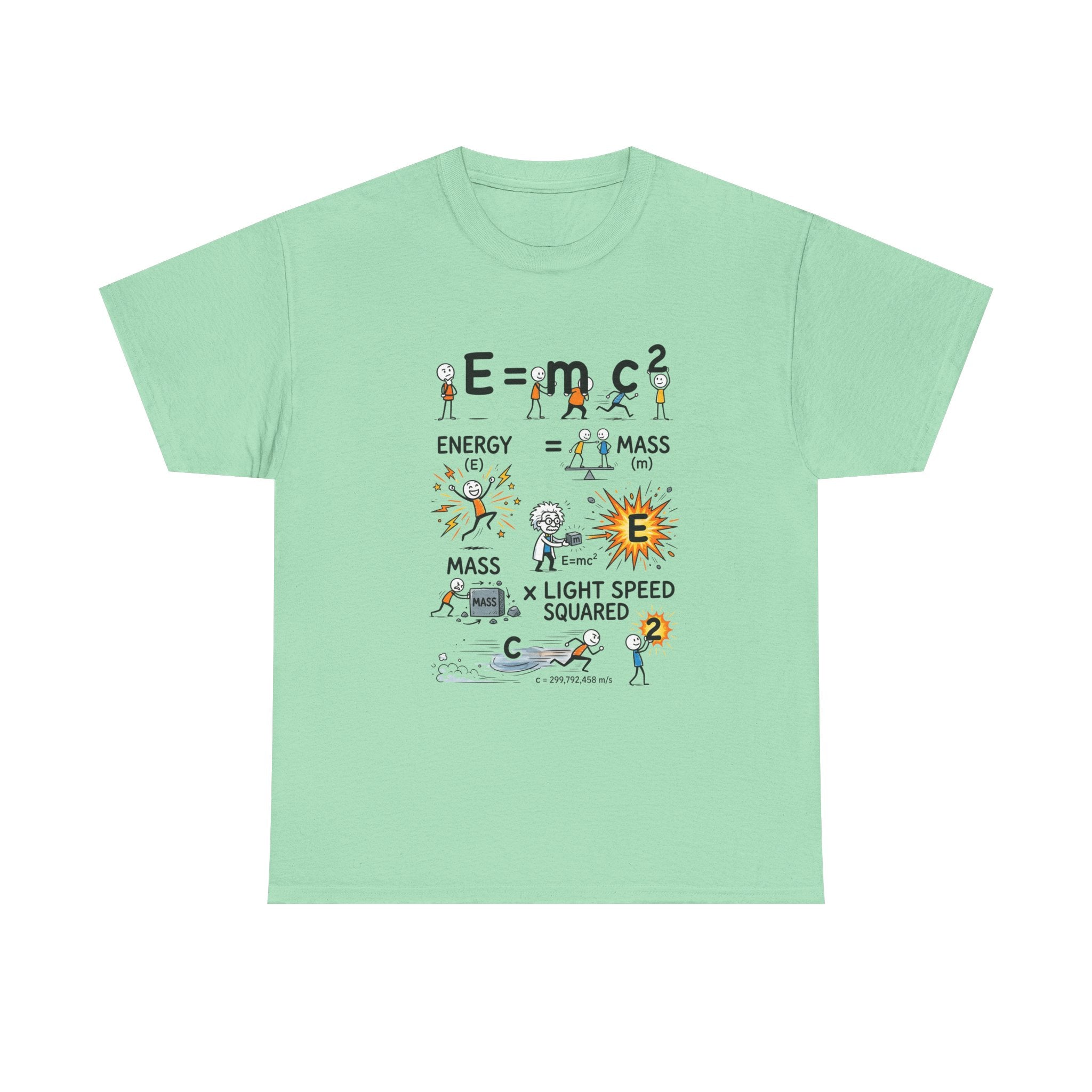 E=mc2 Cartoon Science T-Shirt — Funny Physics Diagram Tee for Students & Teachers