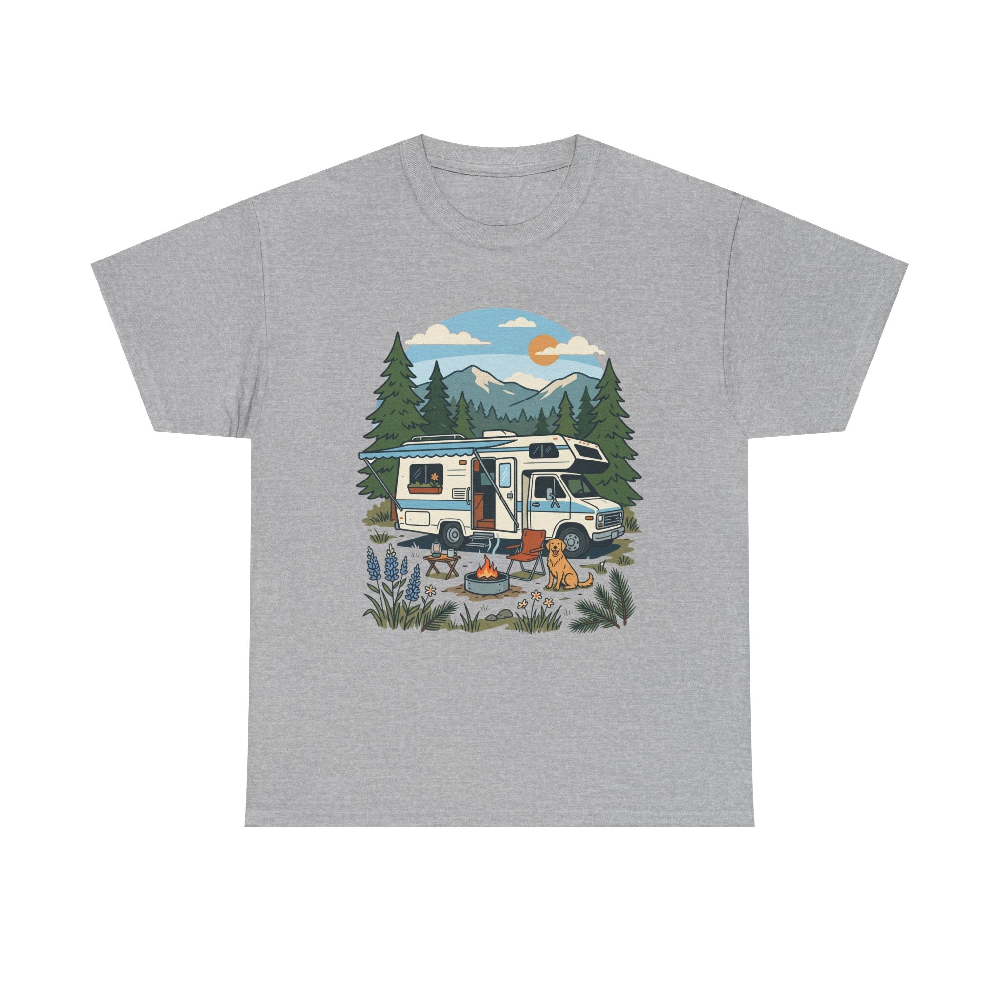 Camper Van Camping T‑Shirt — Retro RV Campfire Graphic Tee for Outdoors Lovers