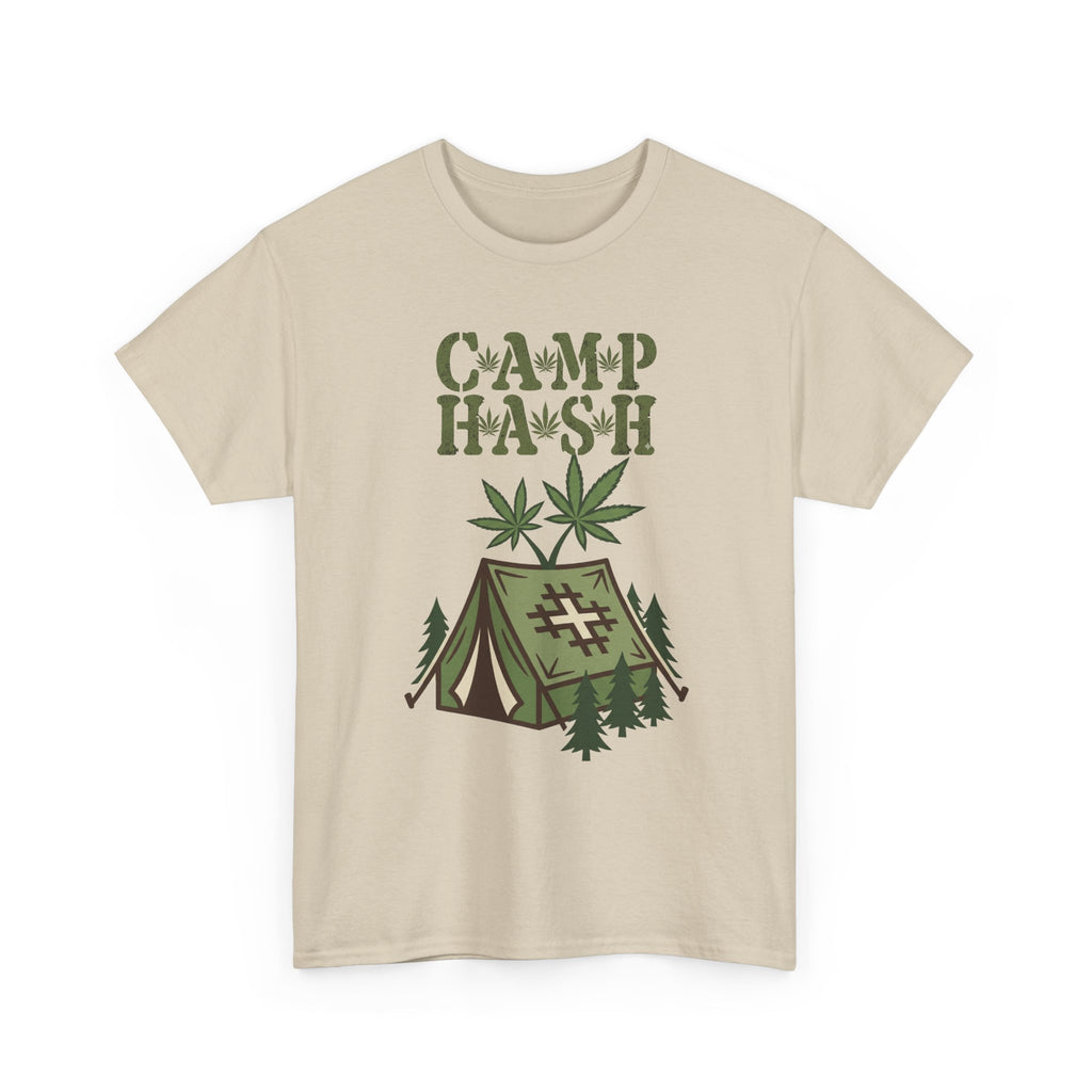 Camp Hash Cannabis Camping T‑Shirt — Retro Tent & Leaf Outdoor Smoke Tee