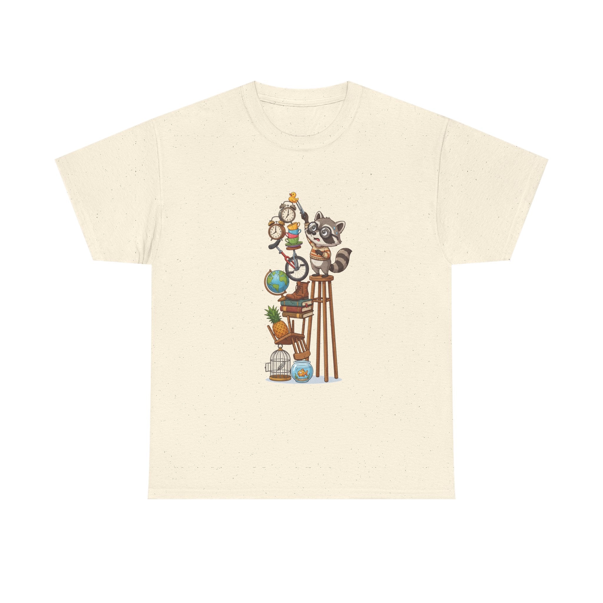Raccoon & Curiosity Shelf T‑Shirt — Cute Scientist Animal Stack Graphic Tee