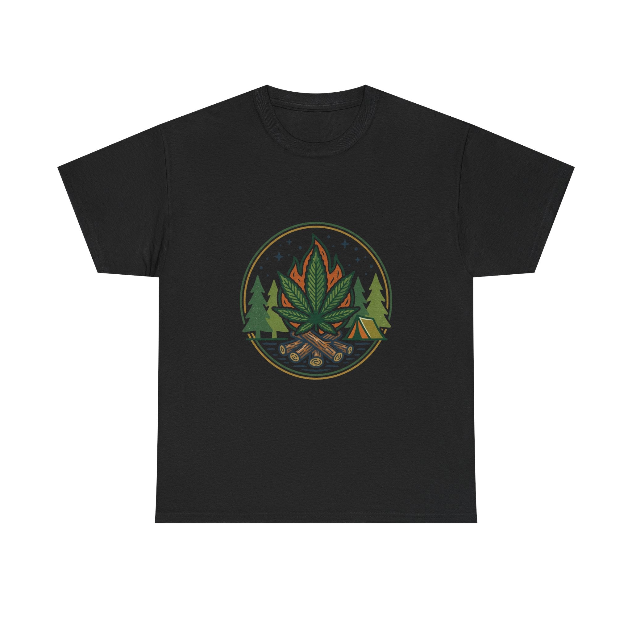 Cannabis Campfire Tee — Outdoor Weed Leaf Forest Graphic T-Shirt