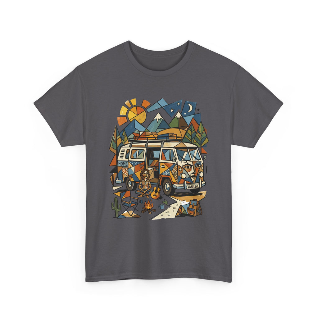 Adventure Van Camping T-Shirt — Retro Camper Van, Mountains & Campfire Graphic Tee