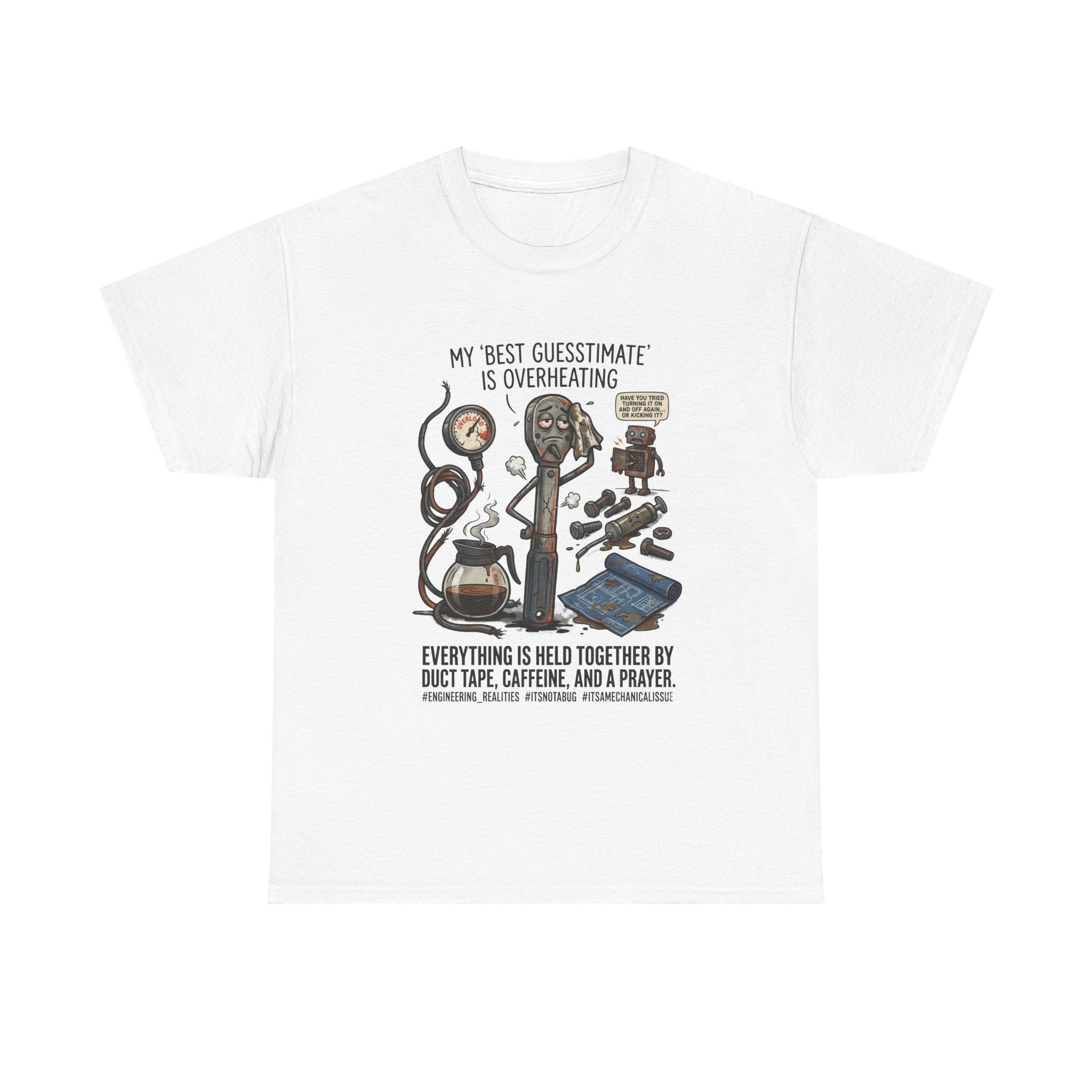 Mechanic Humor T-Shirt - "My Best Guessmate Is Overheating" Vintage Tools, Duct Tape & Caffeine Tee