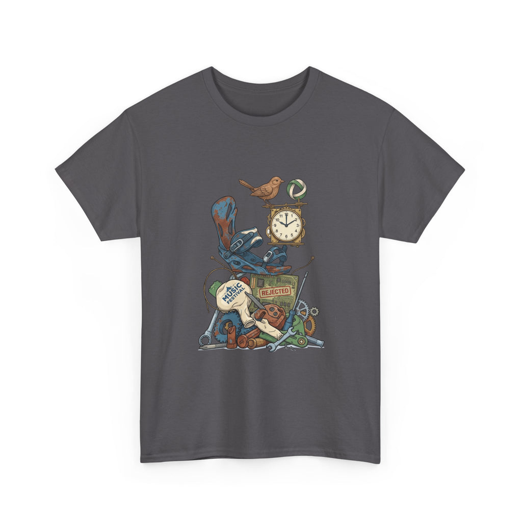 Vintage Hobbies Stack T-Shirt — Retro Clock, Guitar & Tools Illustration