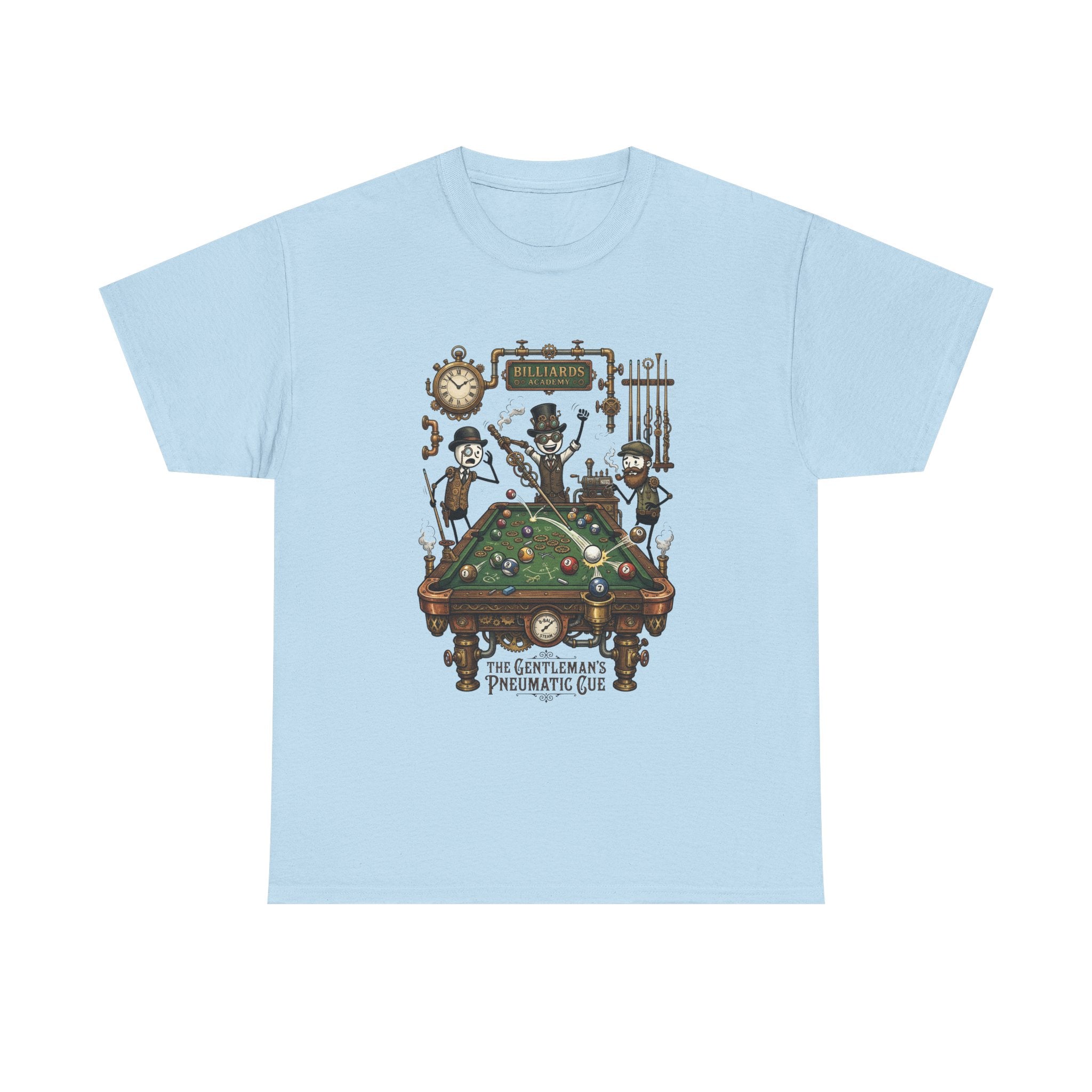 Steampunk Billiards Tee – 'The Gentleman's Pneumatic Cue' Pool Table Graphic Shirt