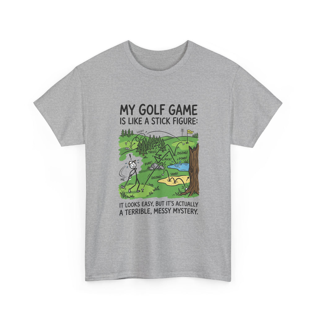 Golf T‑Shirt — "My Golf Game Is Like a Stick Figure" Funny Golfer Gift