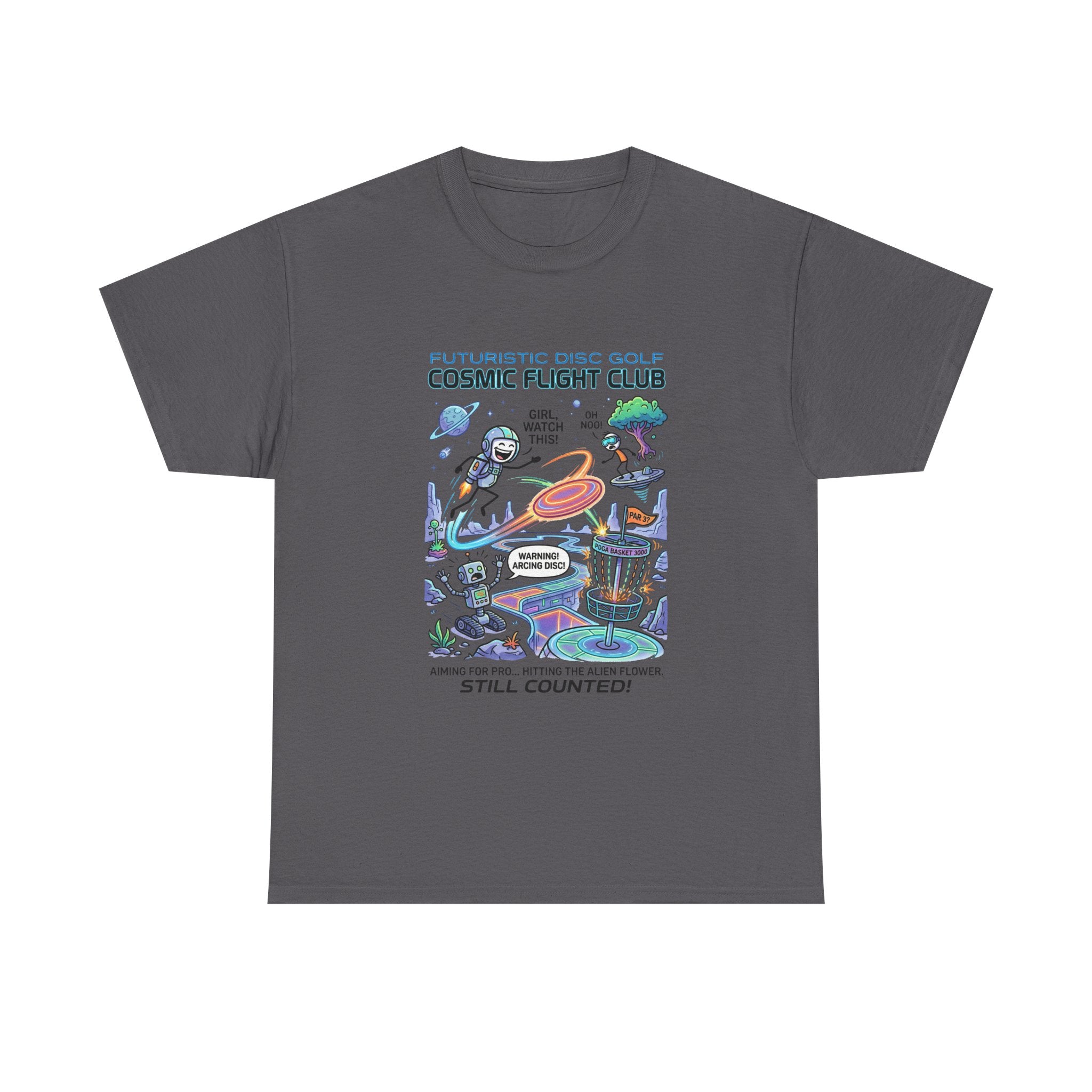 Cosmic Flight Club Disc Golf T-Shirt — Futuristic Outer Space Design