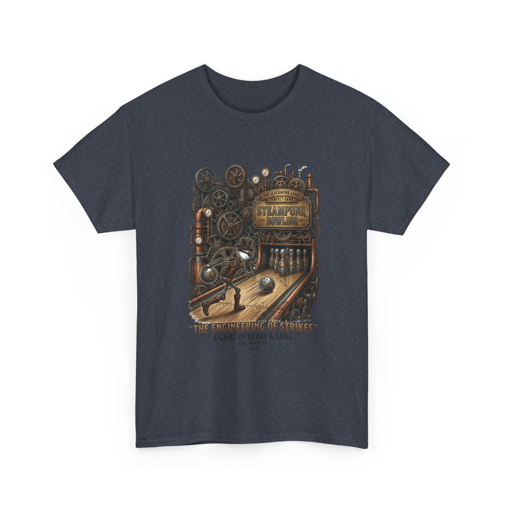 Steampunk Bowling T-Shirt — "The Engineering of Strikes" Vintage Gears Design