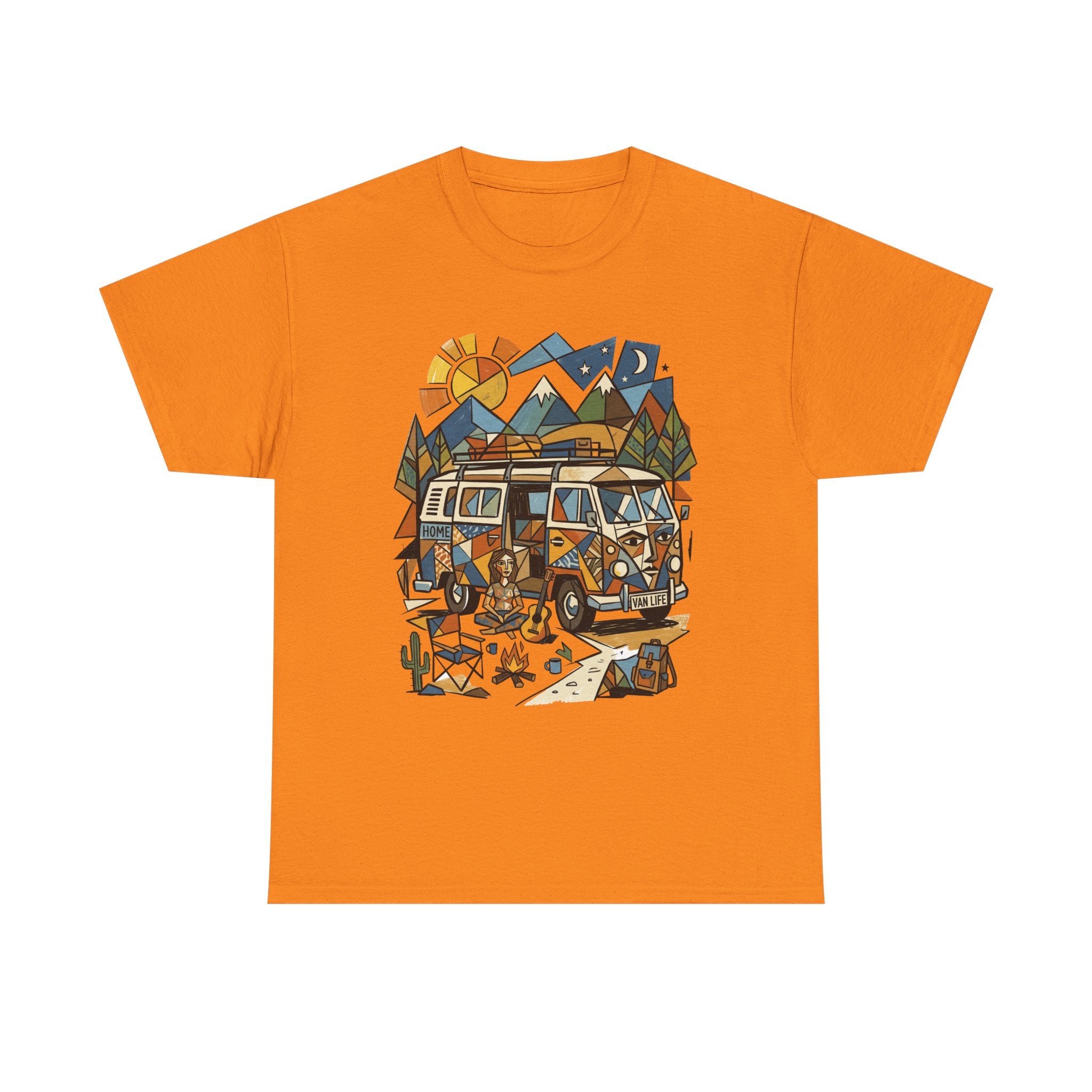 Adventure Van Camping T-Shirt — Retro Camper Van, Mountains & Campfire Graphic Tee