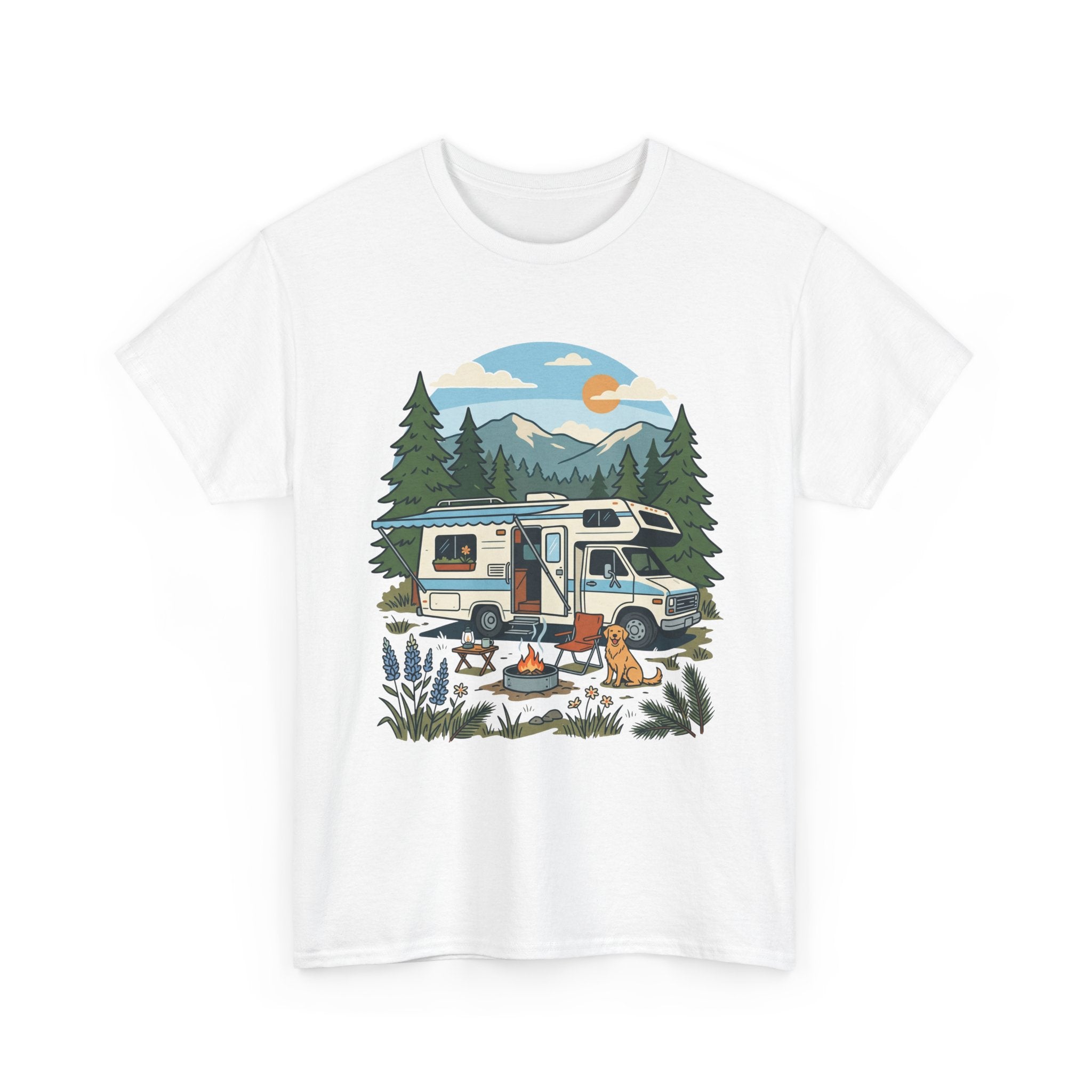 Camper Van Camping T‑Shirt — Retro RV Campfire Graphic Tee for Outdoors Lovers