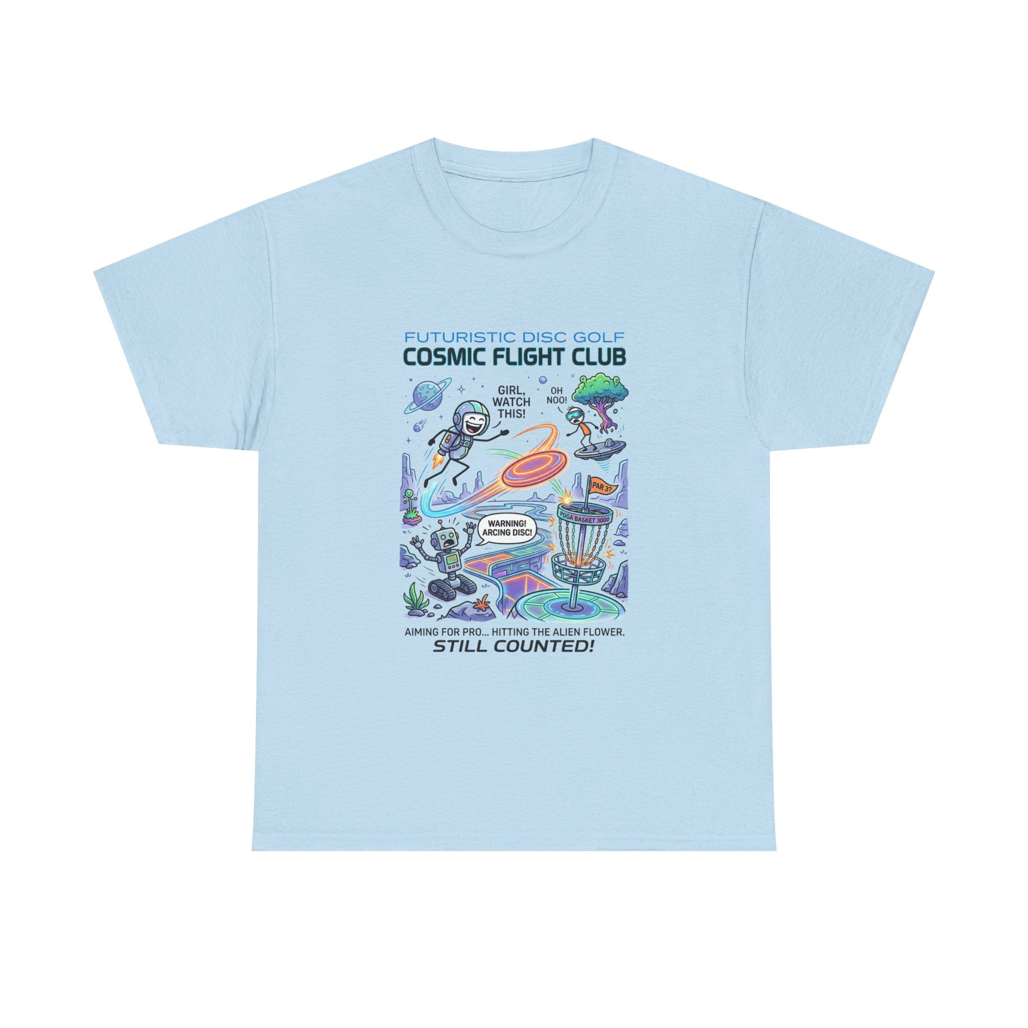 Cosmic Flight Club Disc Golf T-Shirt — Futuristic Outer Space Design