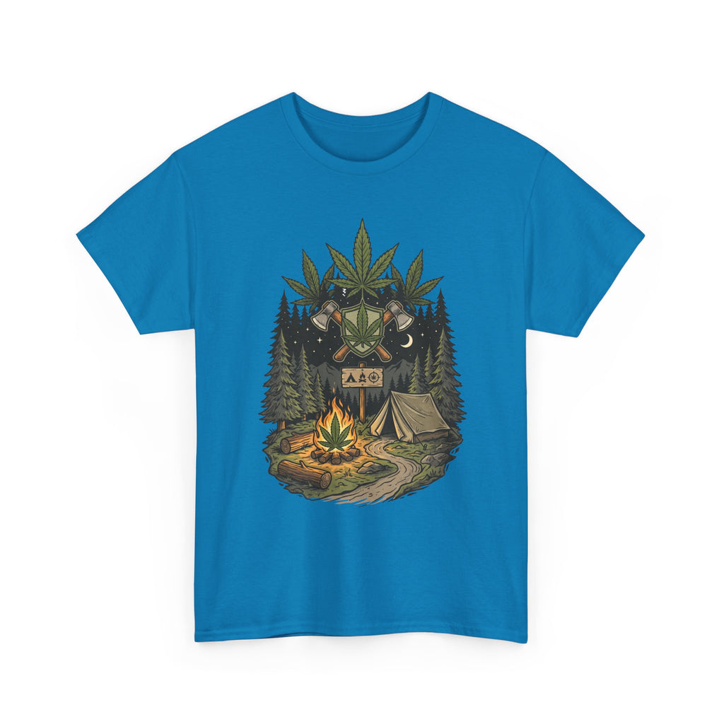 Camping Bear Graphic Tee — Forest Campfire & Leaf Emblem T-Shirt