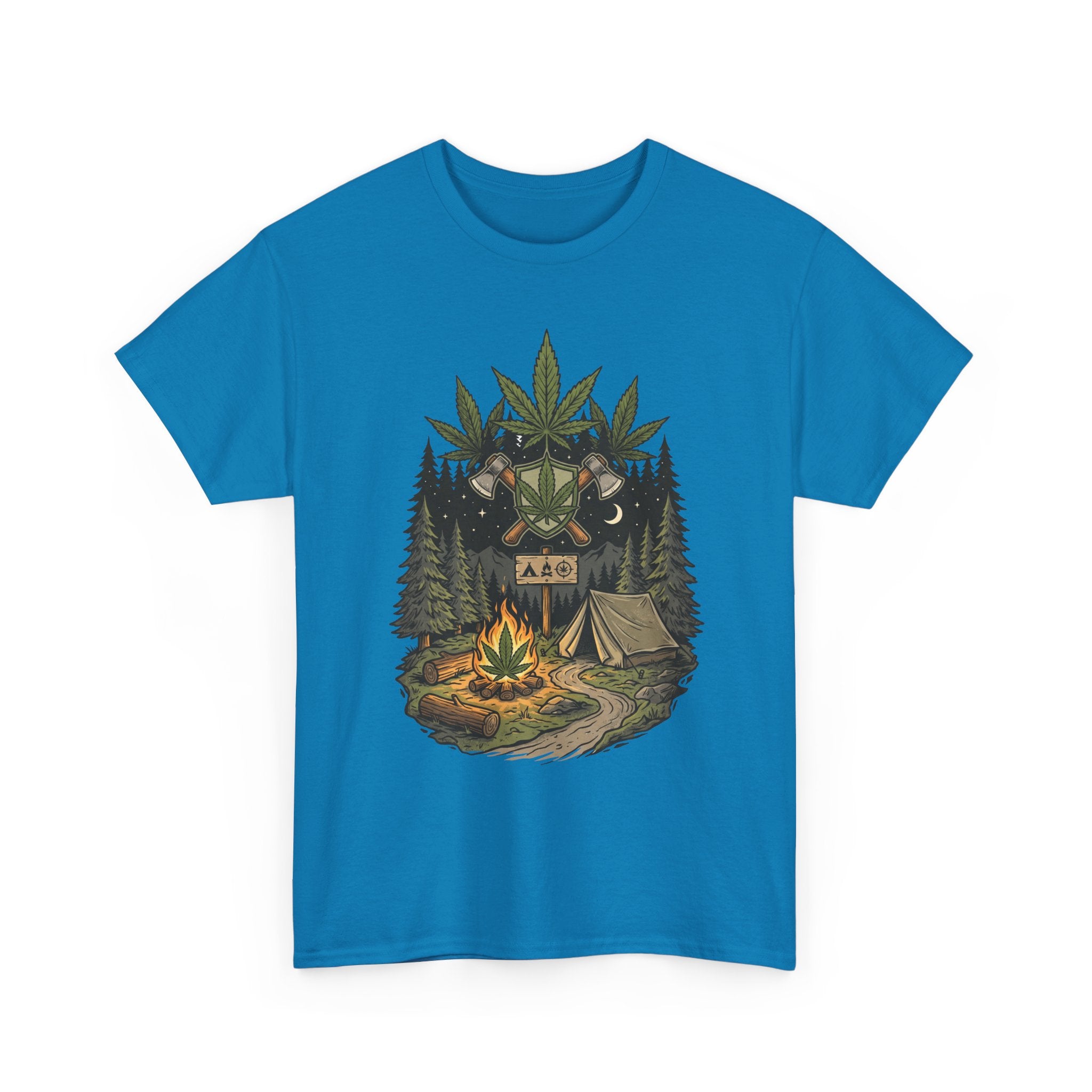 Camping Bear Graphic Tee — Forest Campfire & Leaf Emblem T-Shirt