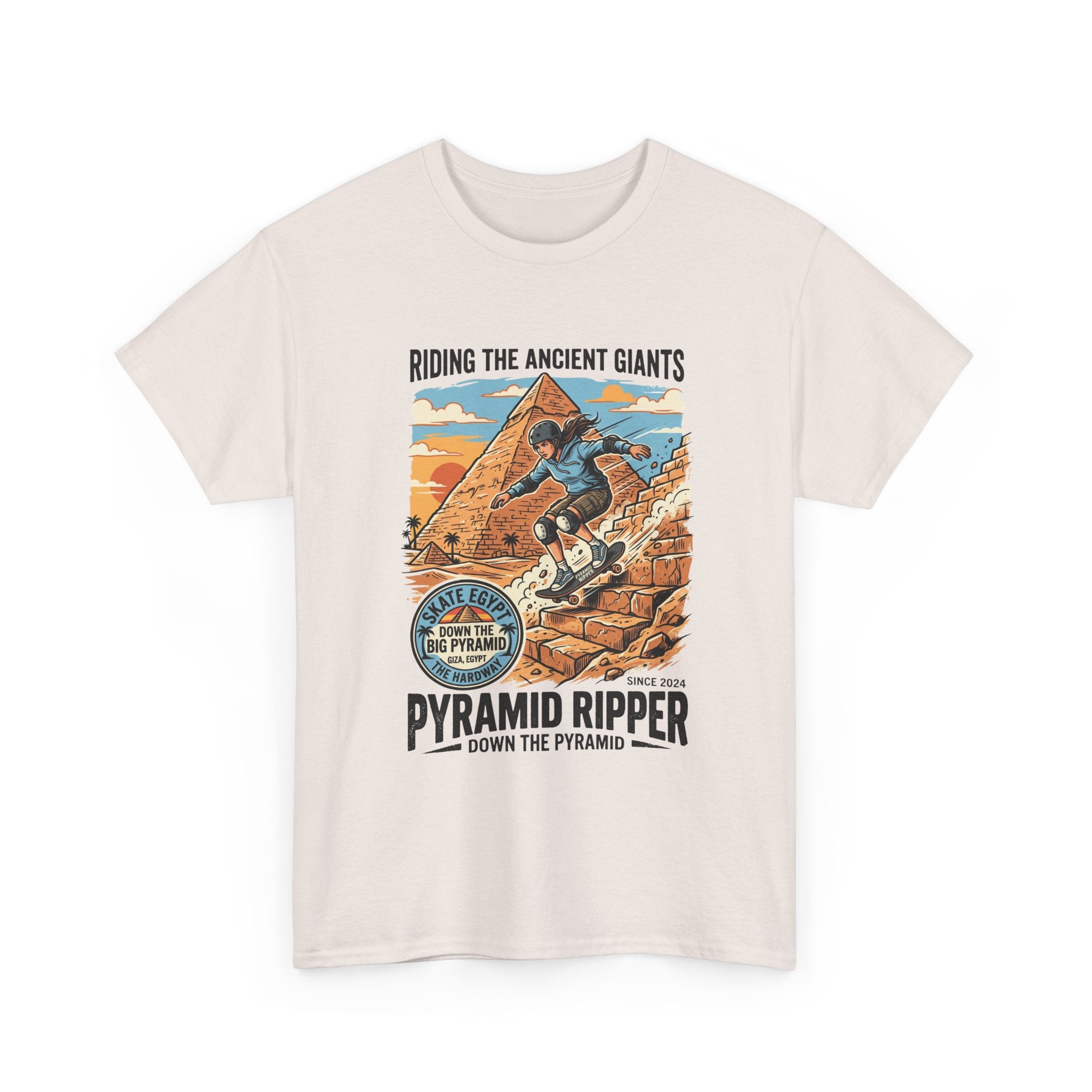 Pyramid Skateboarder T-Shirt — 'Riding the Ancient Giants' Vintage Surf Graphic