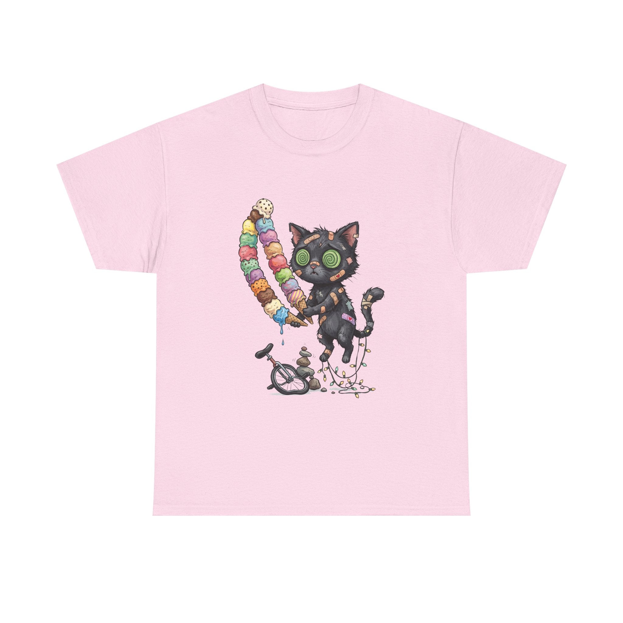 Cat with Ice Cream Graphic Tee — Cute Retro Kawaii Black Cat Holding Rainbow Ice Cream