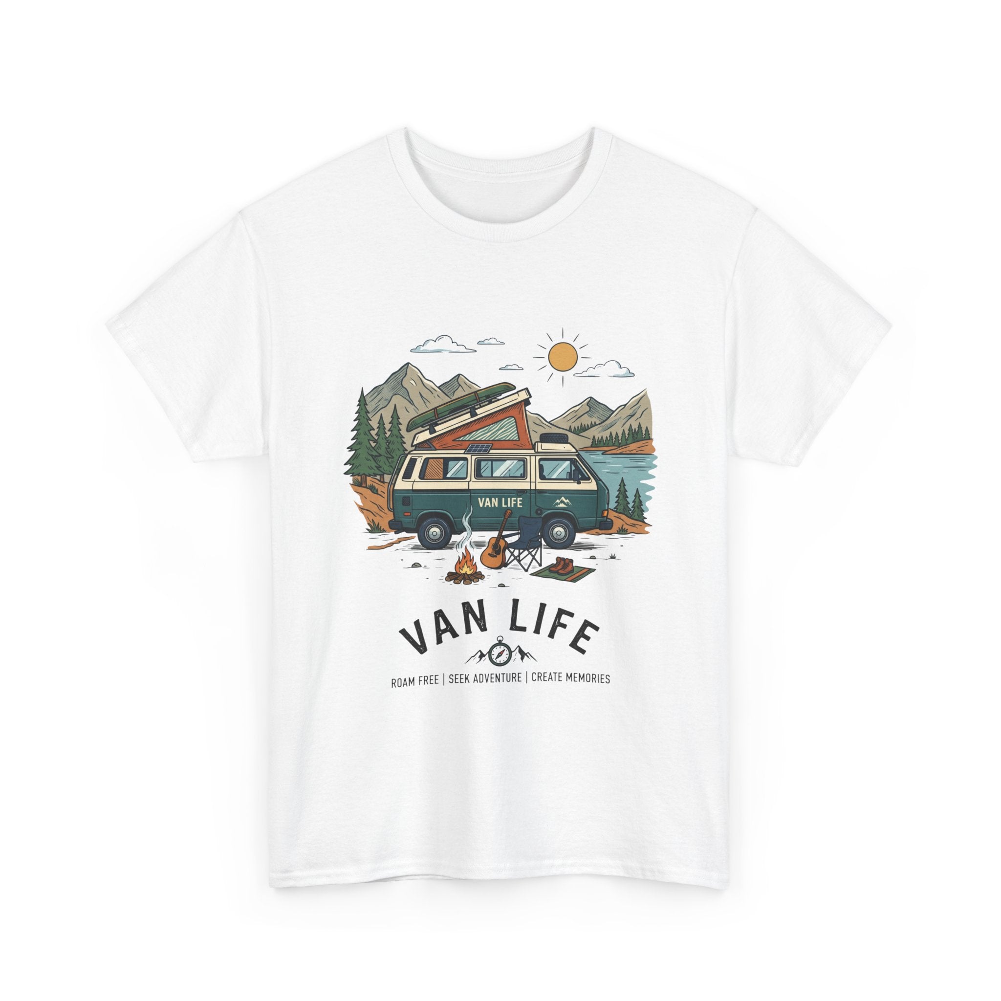 Van Life Camper T-Shirt — Retro Adventure Tee with Campfire Graphic