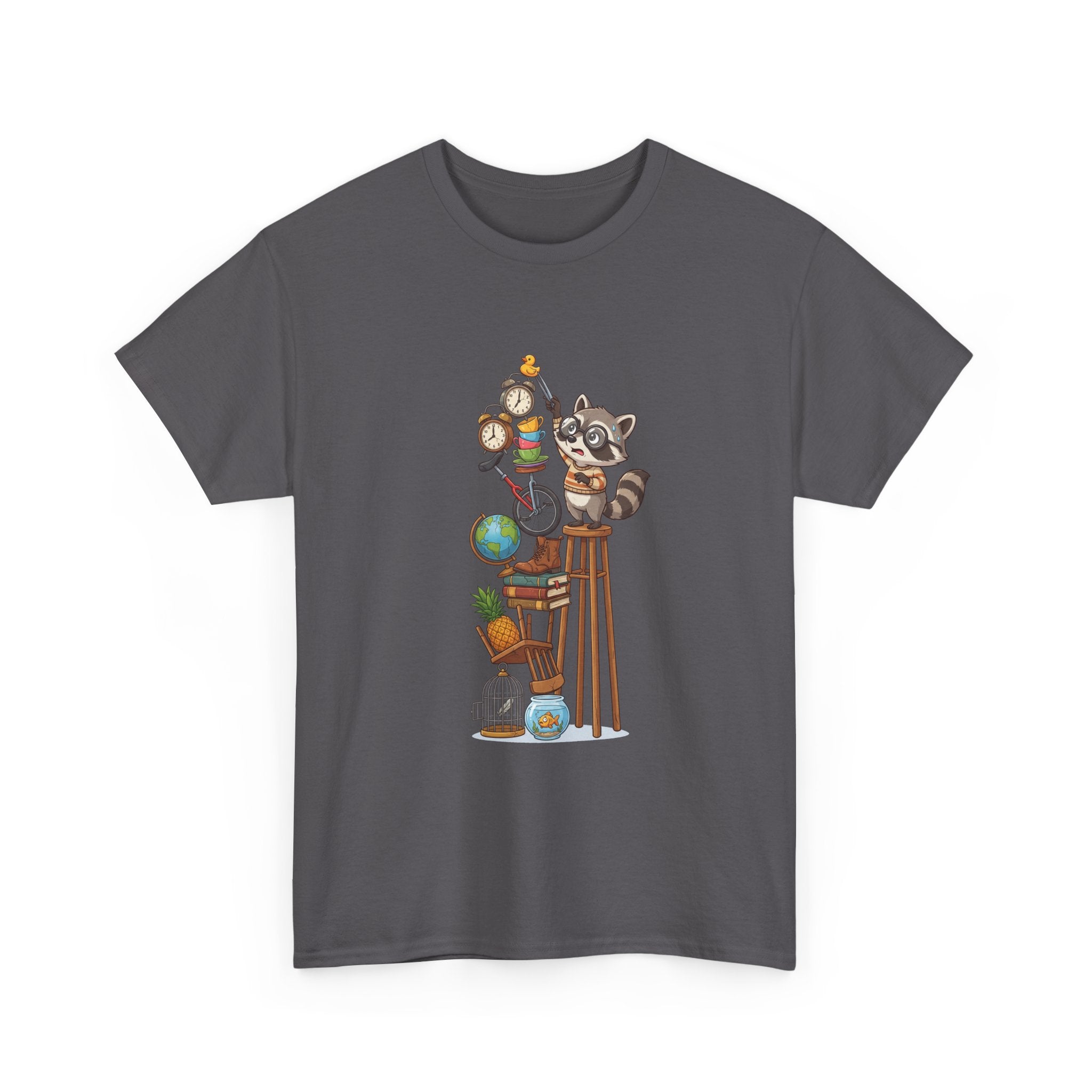 Raccoon & Curiosity Shelf T‑Shirt — Cute Scientist Animal Stack Graphic Tee