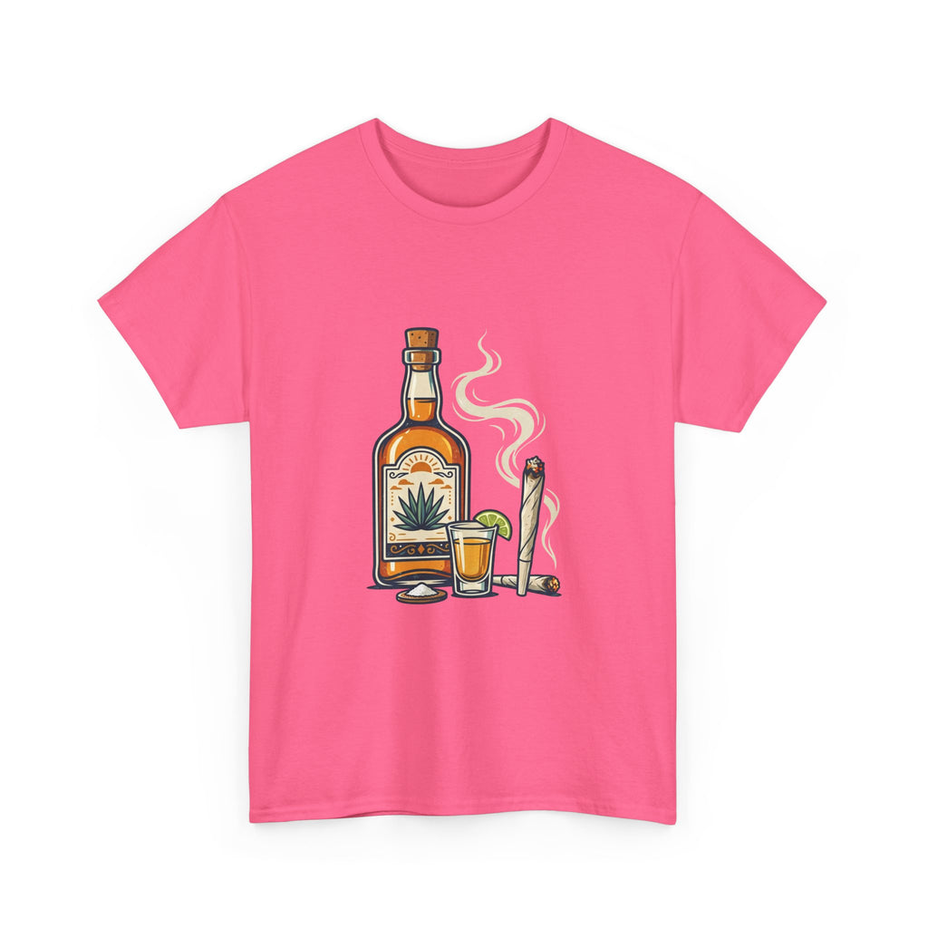 Tequila & Joint T-Shirt — Mexican Agave Bottle with Shot Glass and Joint Graphic