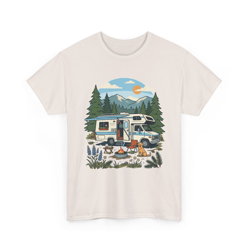 Camper Van Camping T‑Shirt — Retro RV Campfire Graphic Tee for Outdoors Lovers