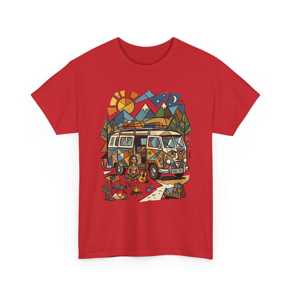 Adventure Van Camping T-Shirt — Retro Camper Van, Mountains & Campfire Graphic Tee