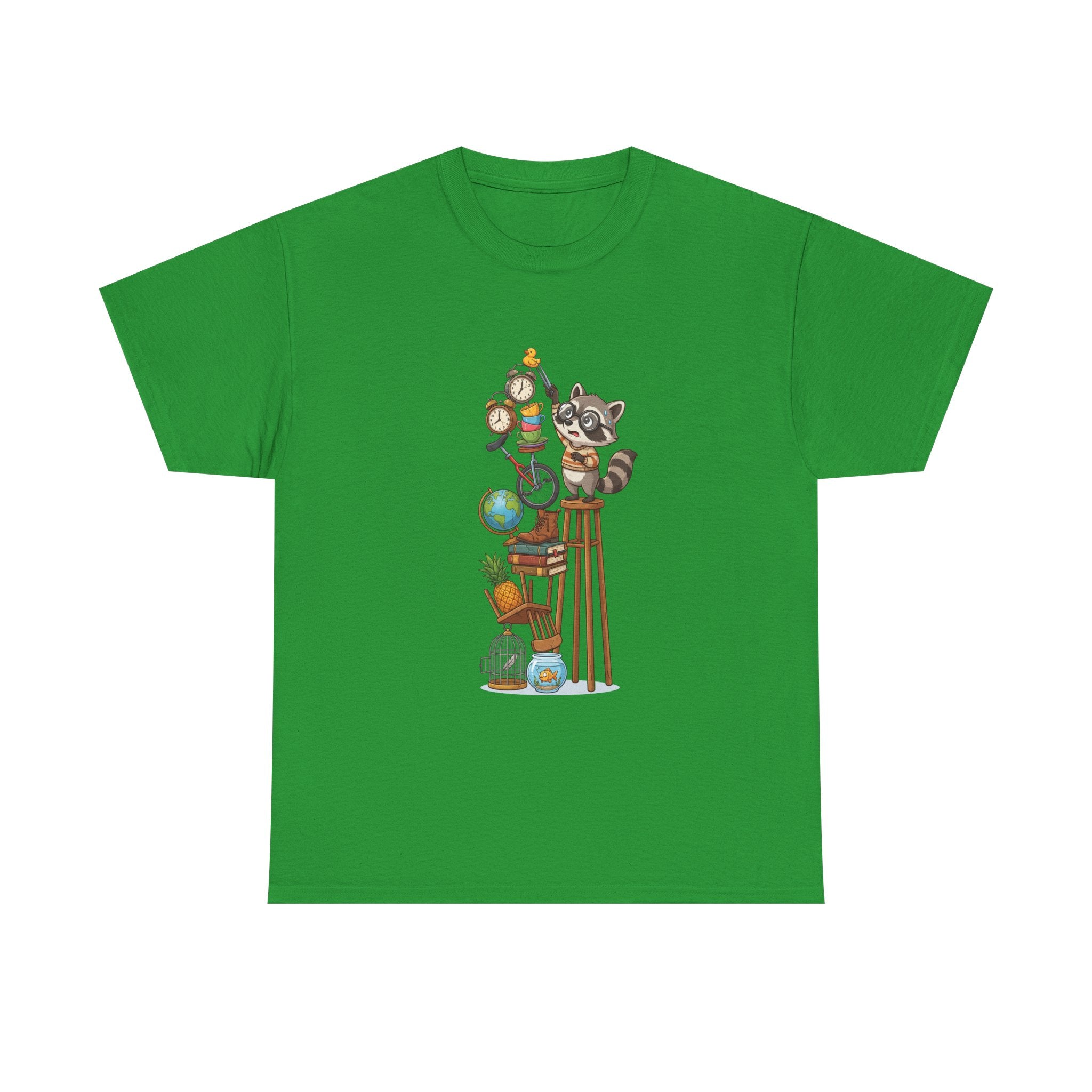 Raccoon & Curiosity Shelf T‑Shirt — Cute Scientist Animal Stack Graphic Tee