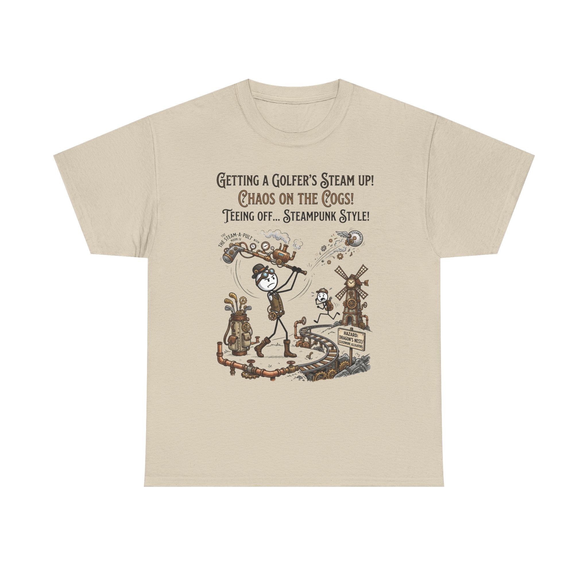 Steampunk Golf T-Shirt - "Getting a Golfer's Steam Up! Chaos on the Cogs" Graphic Tee