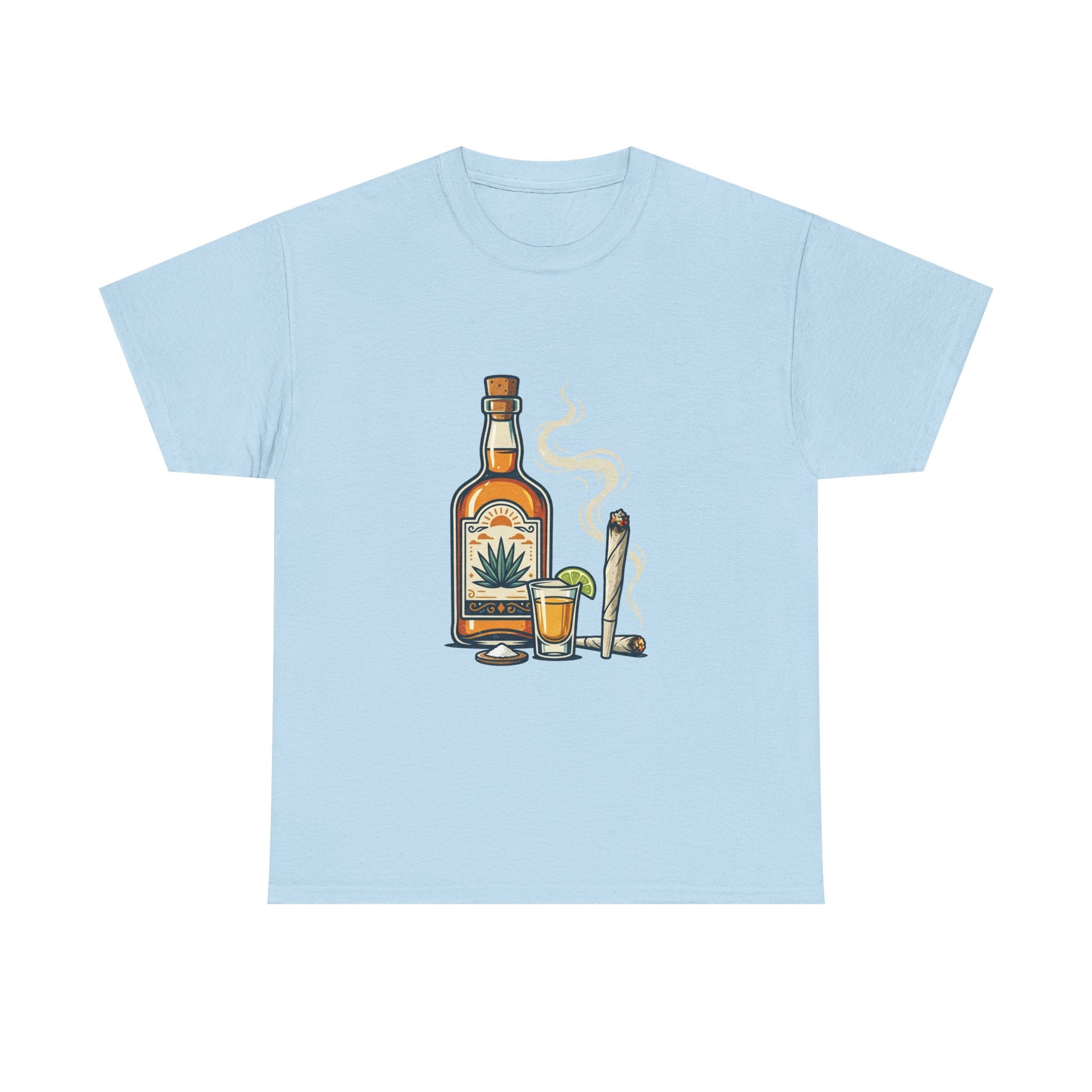 Tequila & Joint T-Shirt — Mexican Agave Bottle with Shot Glass and Joint Graphic