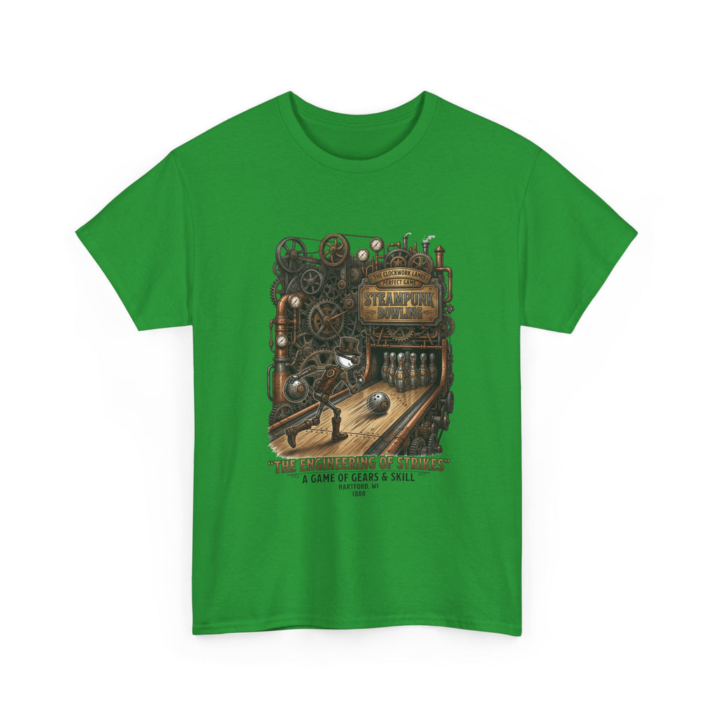 Steampunk Bowling T-Shirt — "The Engineering of Strikes" Vintage Gears Design