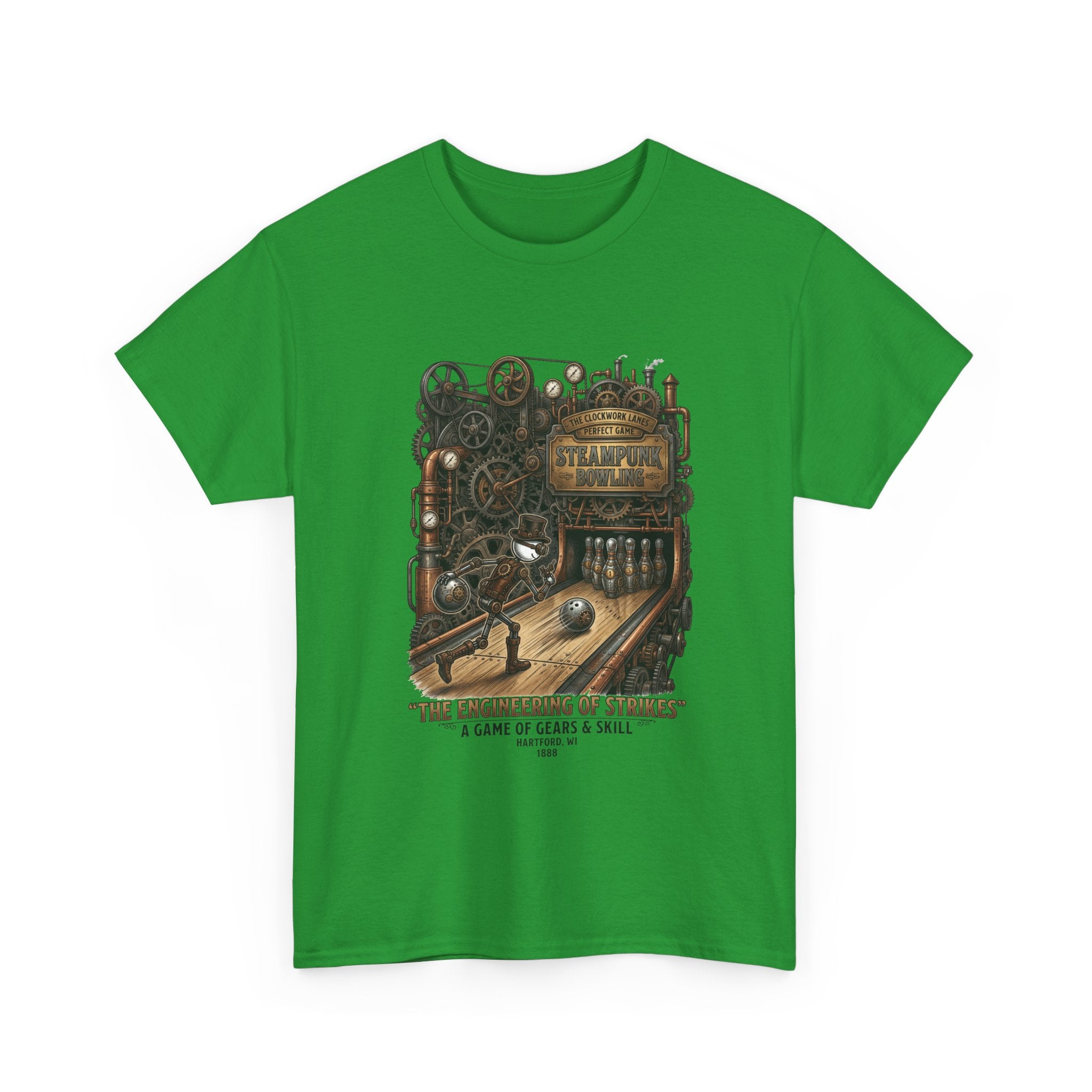 Steampunk Bowling T-Shirt — "The Engineering of Strikes" Vintage Gears Design