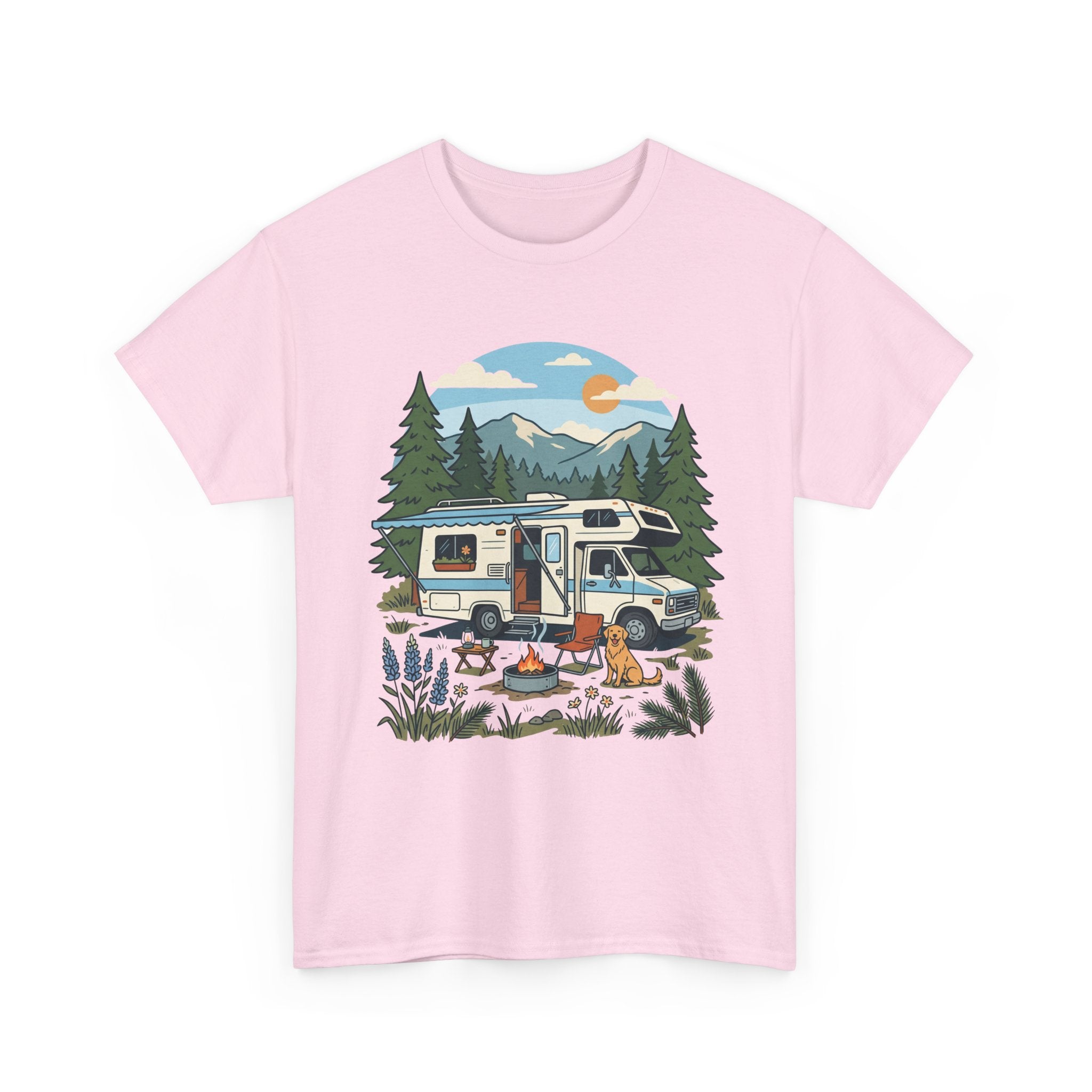 Camper Van Camping T‑Shirt — Retro RV Campfire Graphic Tee for Outdoors Lovers