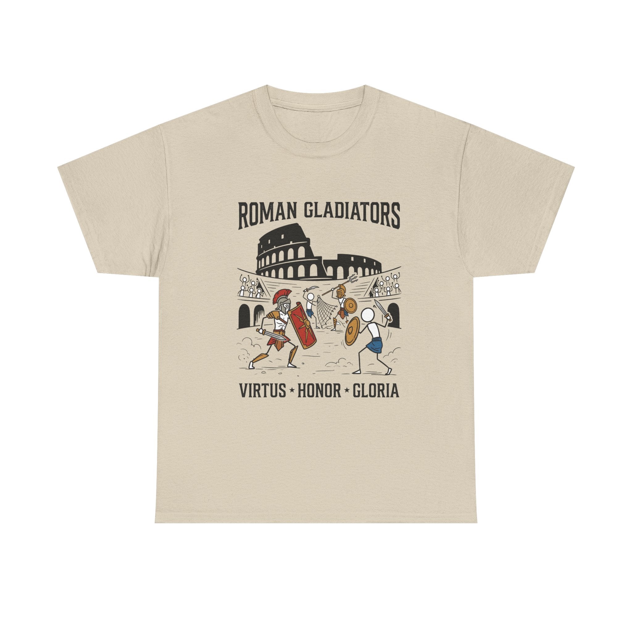 Roman Gladiators T-Shirt — Colosseum Design with "Virtus • Honor • Gloria"